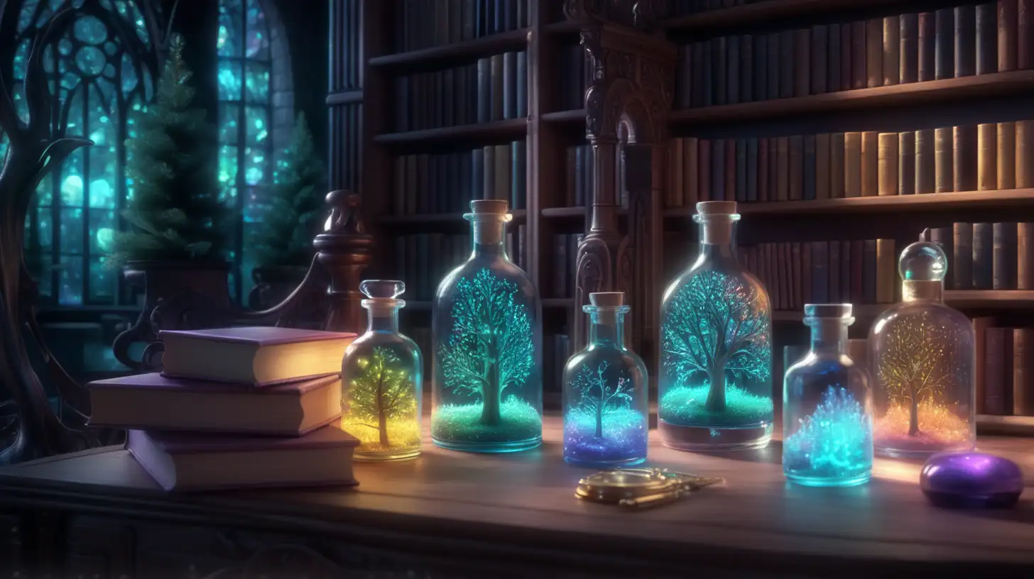 Enchanted Library Scene with Glowing Keys and Iridescent Trees