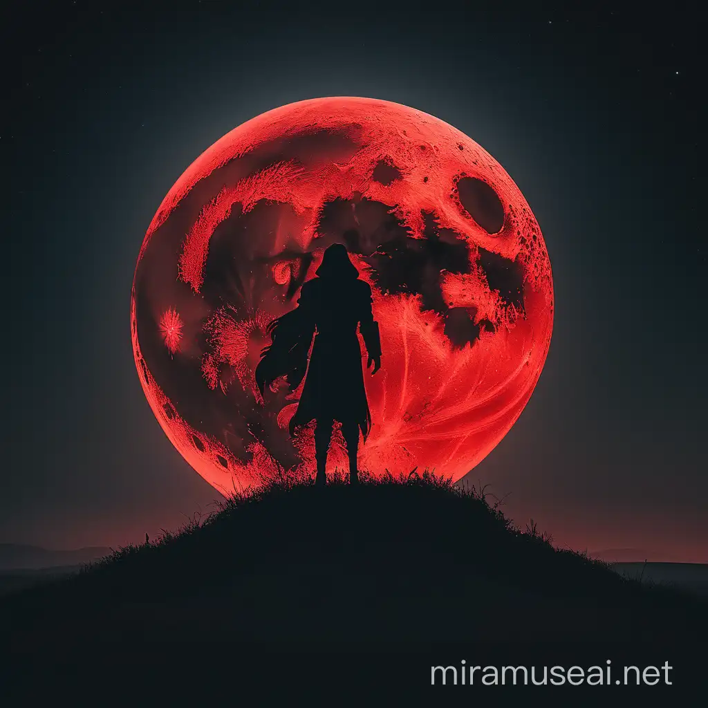 dramatic lighting at night, but in the night sky the silhouette all blackIn the center of the scene, place a obscured figure wearing , a bloody moon with the correct . Depth of field.
