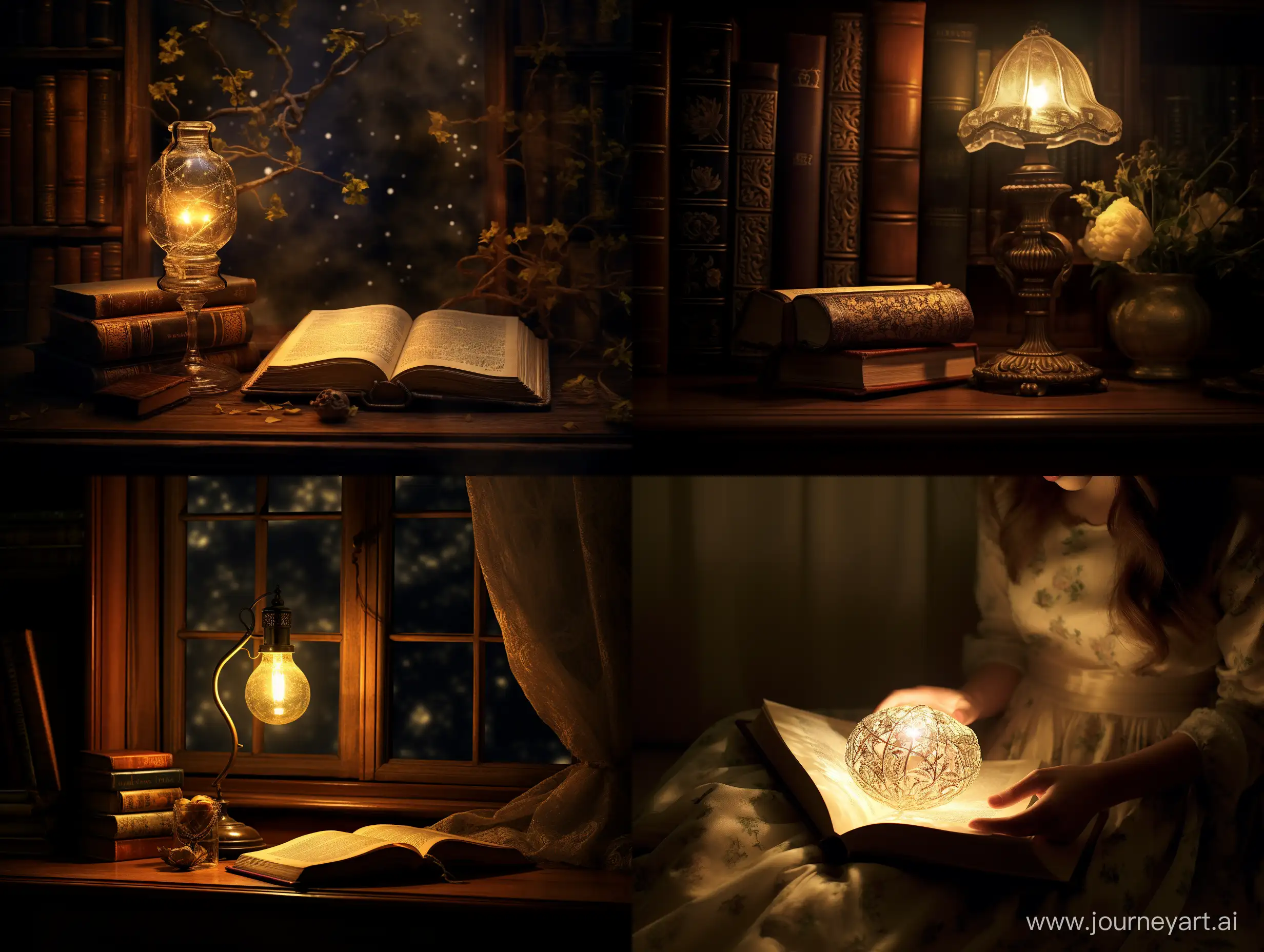 Under the dim glow of a lamp, I wander aimlessly until my eyes catch a book with glowing edges that draws my attention. Just as I reach out to touch it, the library plunges into darkness, leaving only the faint glow emanating from the pages of the book. My heartbeat accelerates as I look around, relying solely on this weak light. Suddenly, a deep voice resonates in the darkness, "True knowledge requires the courage to discover it. Are you ready?" This scene is filled with mystery and anticipation, highlighting the moment of unexpected adventure in the quest for knowledge.
