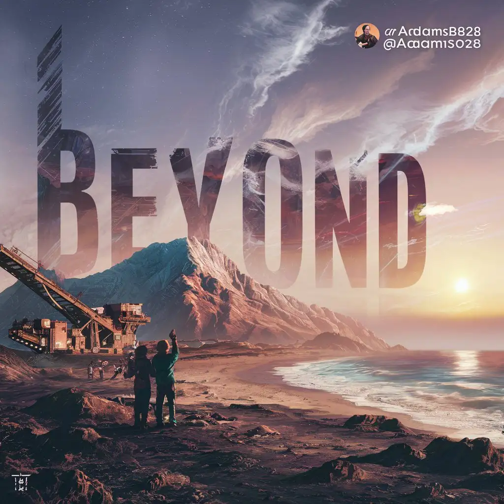 Mining $BEYOND. Include fade $BEYOND in the background, rising sun, mountain landscape with sandy beach with some sightseers. Include my Twitter handle @AAdams8828 and profile picture at top right corner 