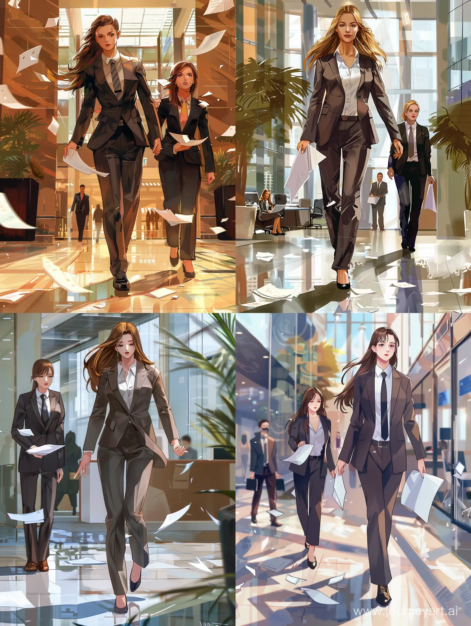 Elegant-Businesswoman-Walking-Through-Center-with-Assistant-Cartoon-Style-Art