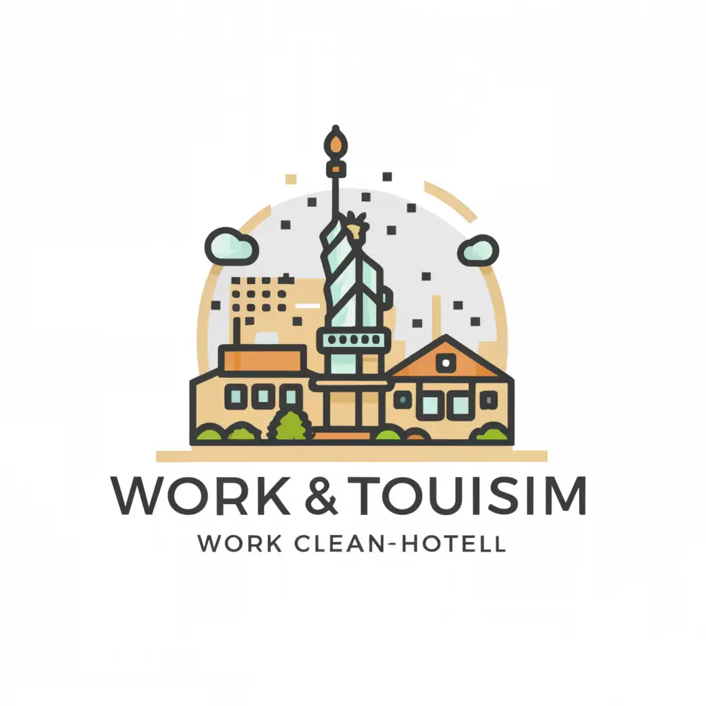 a logo design,with the text "work and tourism", main symbol:statue of liberty and hotel,Moderate,clear background
