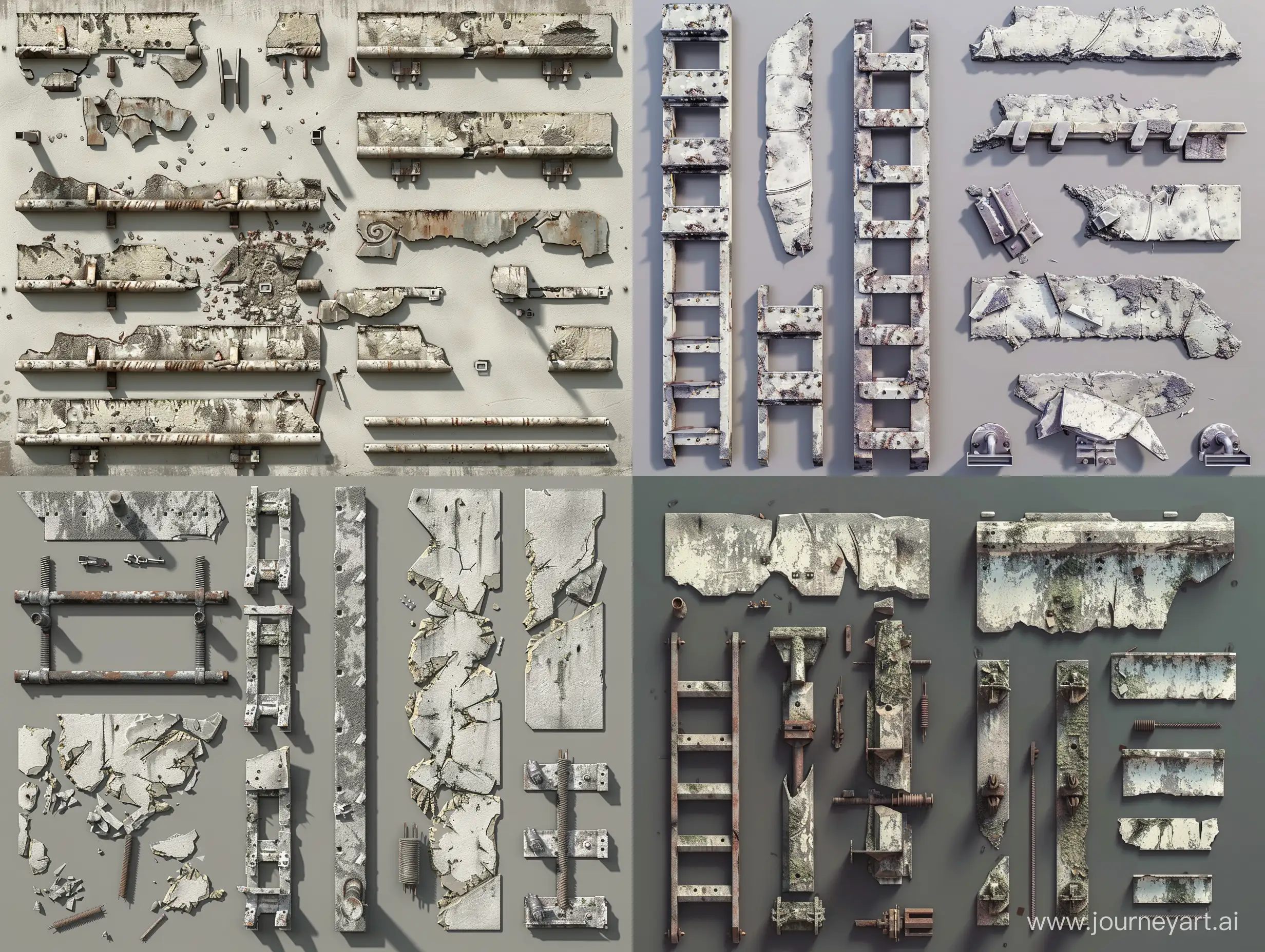 A collection of sprites for a 2d platformer. long broken concrete rungs, pieces of ruins, protruding fittings and steel frames. construction junk. peeling walls. the parts are made of iron. A map of sprites. post-apocalypse, brutalism. 8k. photorealism, unreal engine