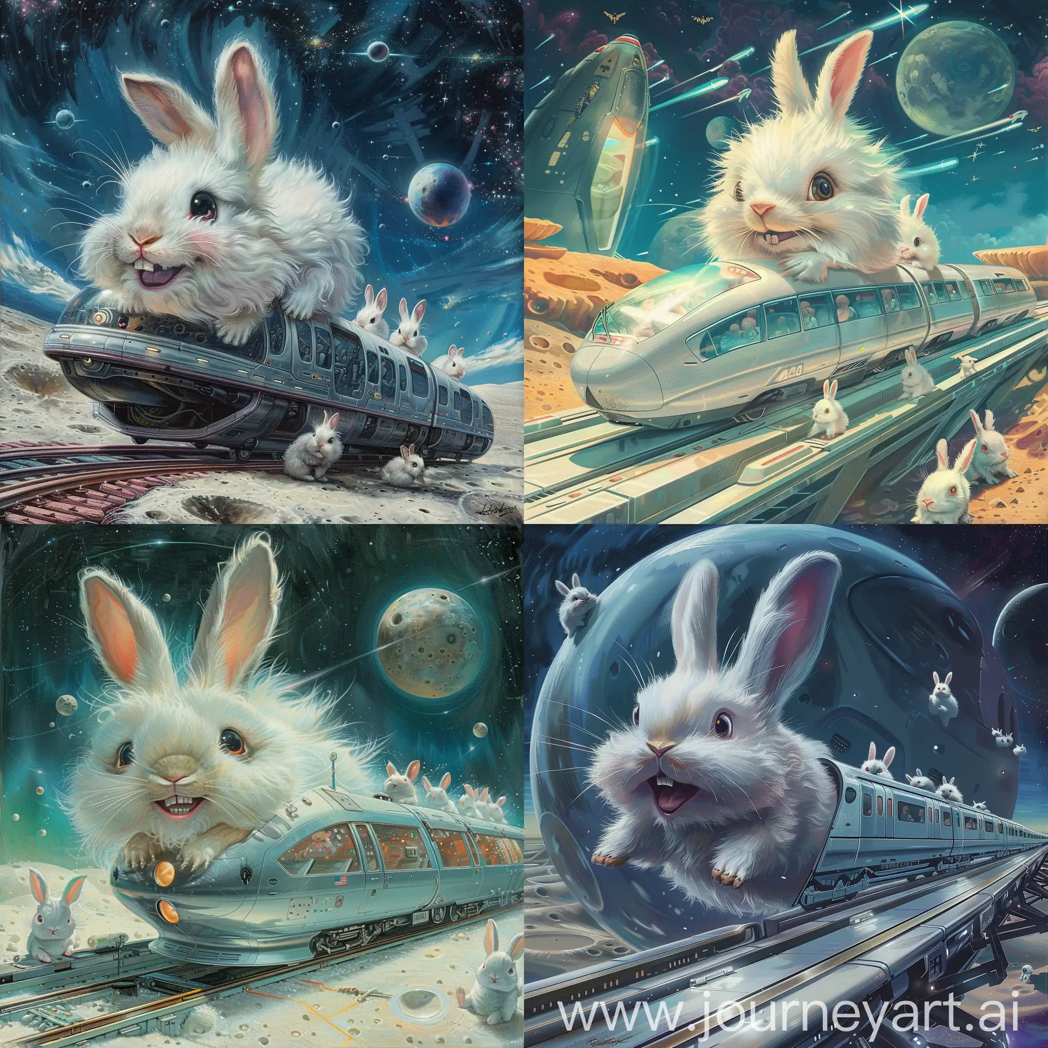 mucha painting mode:

a cute furry white rabbit becomes a high speed train, it is smiling and it stops in a futuristic lunar base train platform,  other little cutes rabbits as passengers