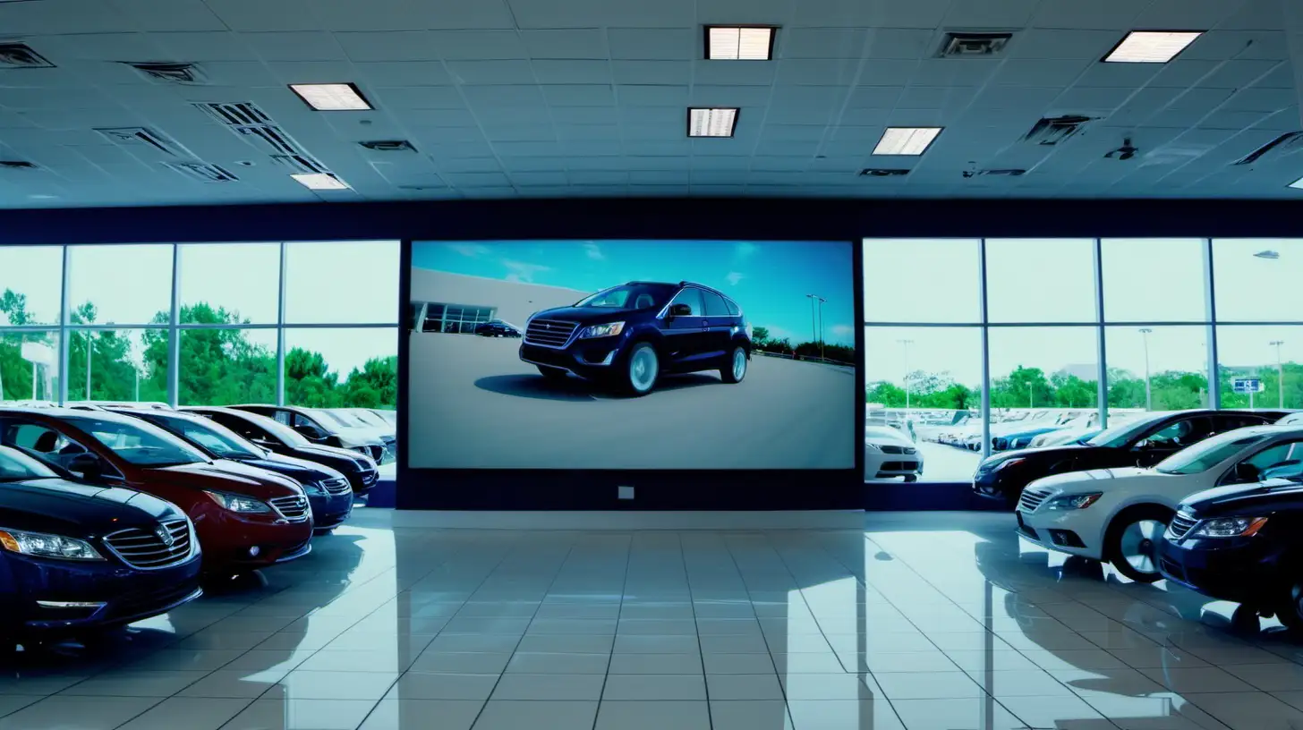 Car dealership with a video screen on the back wall in focus