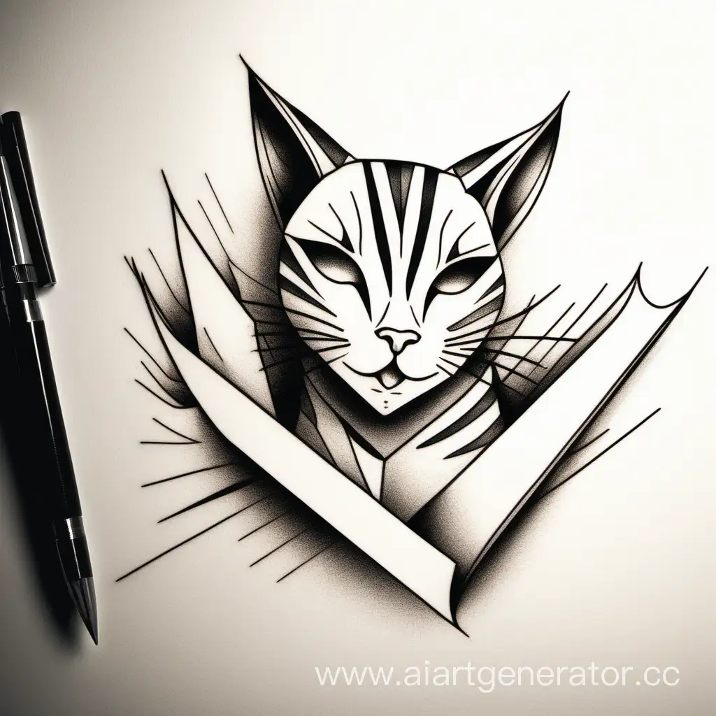 эскиз минималистичного тату: кот режет бумагу и злобно улыбается