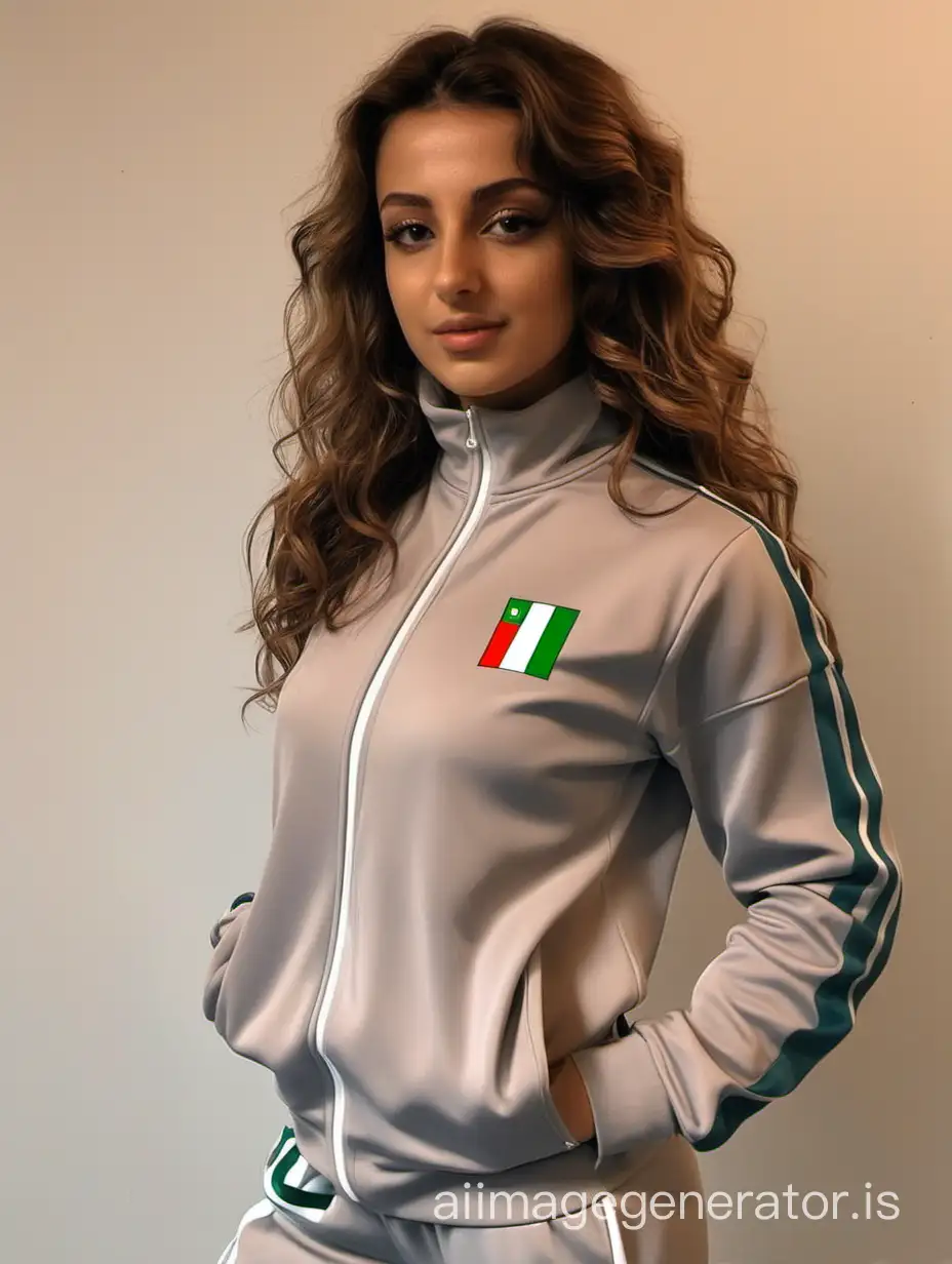 A photo of Michela, an Italian prosperous girl wearing a tracksuit with brown wavy hair