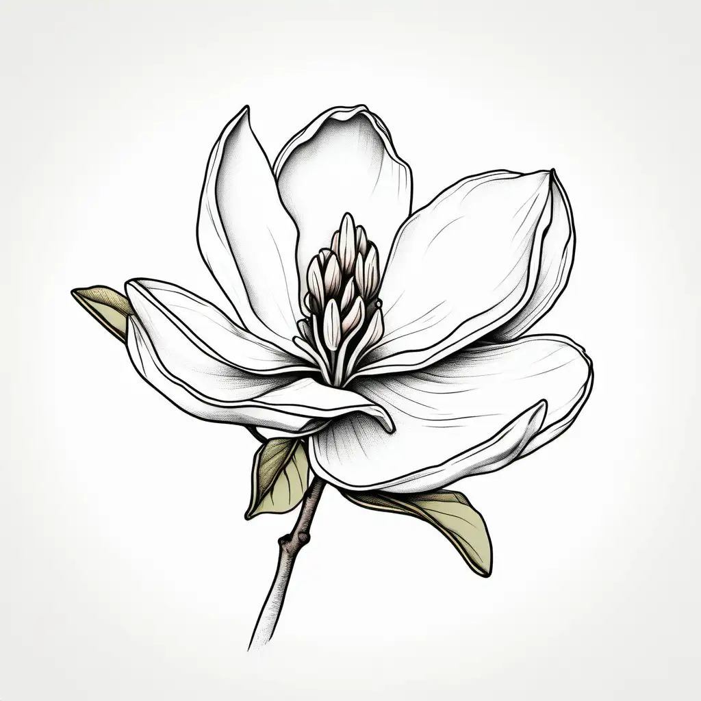 Overhead View of Delicate Magnolia Flower Sketch on White Background