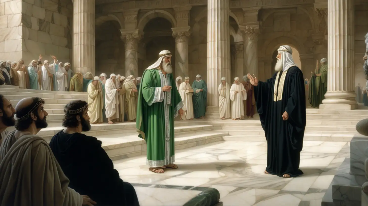 epoque biblique, un hébreu debout en jugement dans un tribunal antique regarde vers le bas l'air triste, un autre homme hébreu habillé en vert clair est  en train d'accuser l'hébreu en jugement, des colonnes en marbre, en fond des juges avec un foulard blanc sur la tête et un habit noir