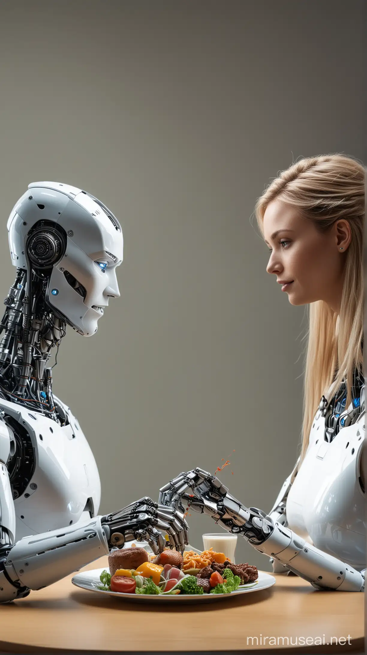 Un robot maschio e un robot femmina , un uomo e una donna mangiano insieme  a tavola 