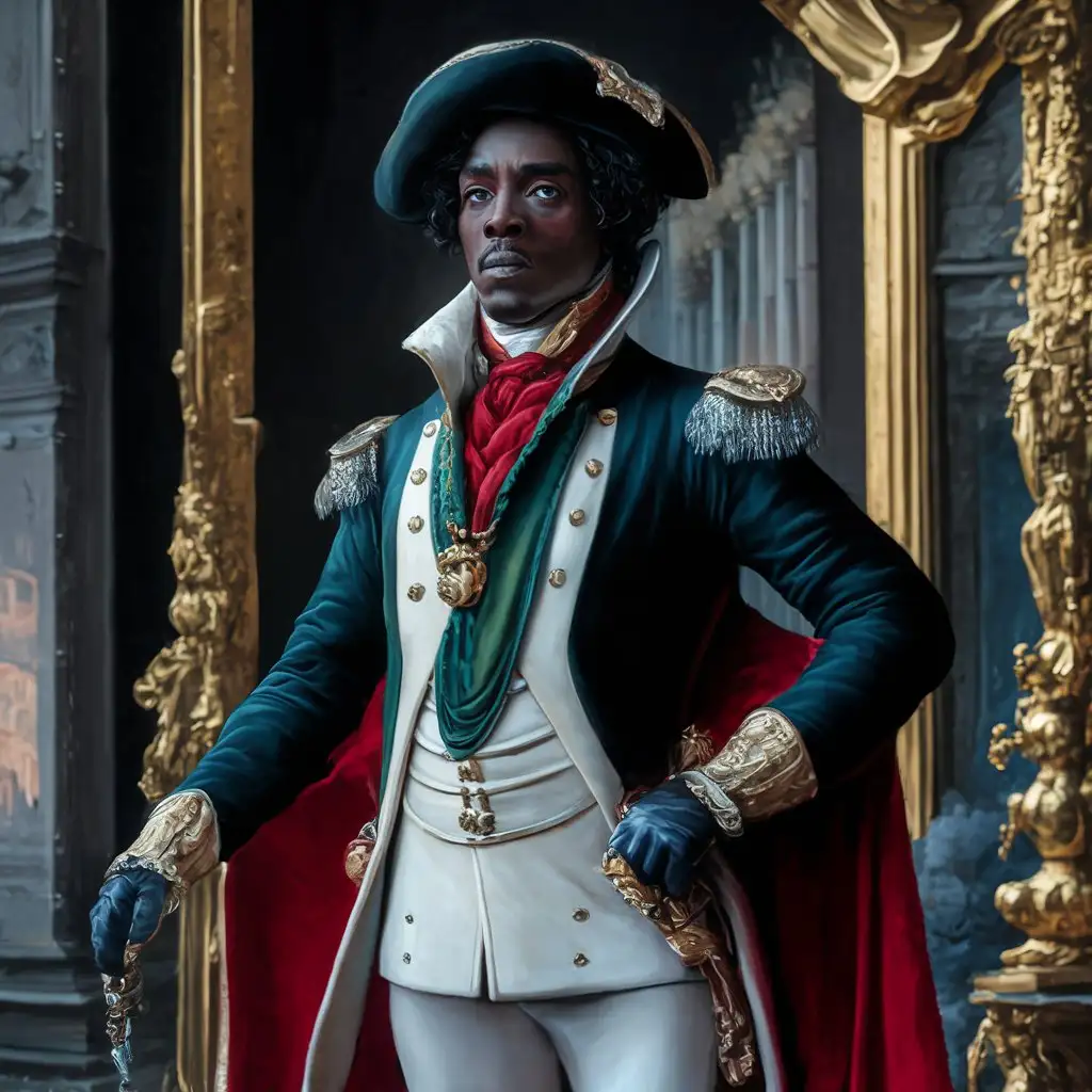 Renaissance style portrait of black man, dressed in Napoleon Bonaparte's uniform and hat, dignified expression