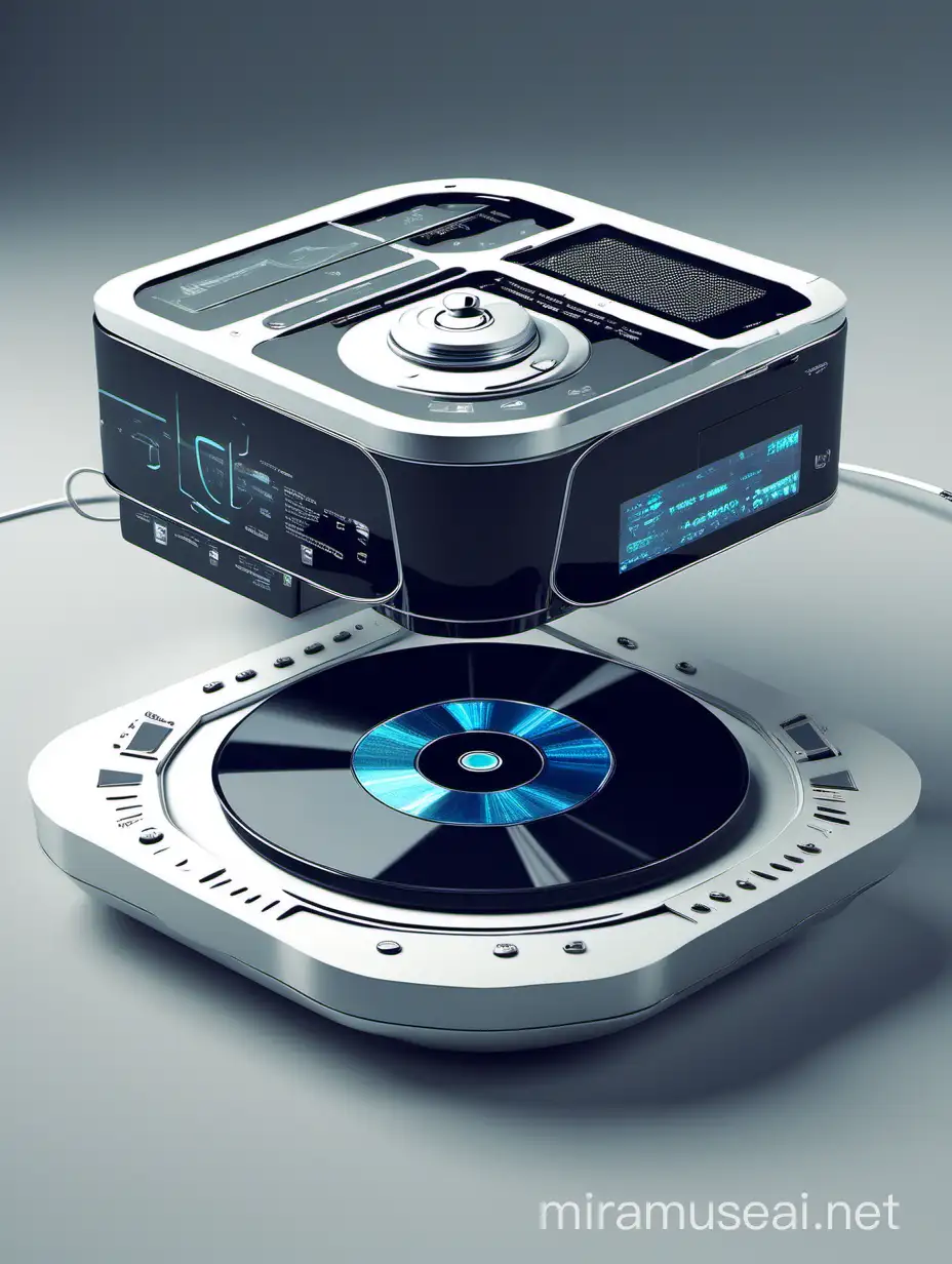 Generate an image of a CD player with a futuristic and technological design