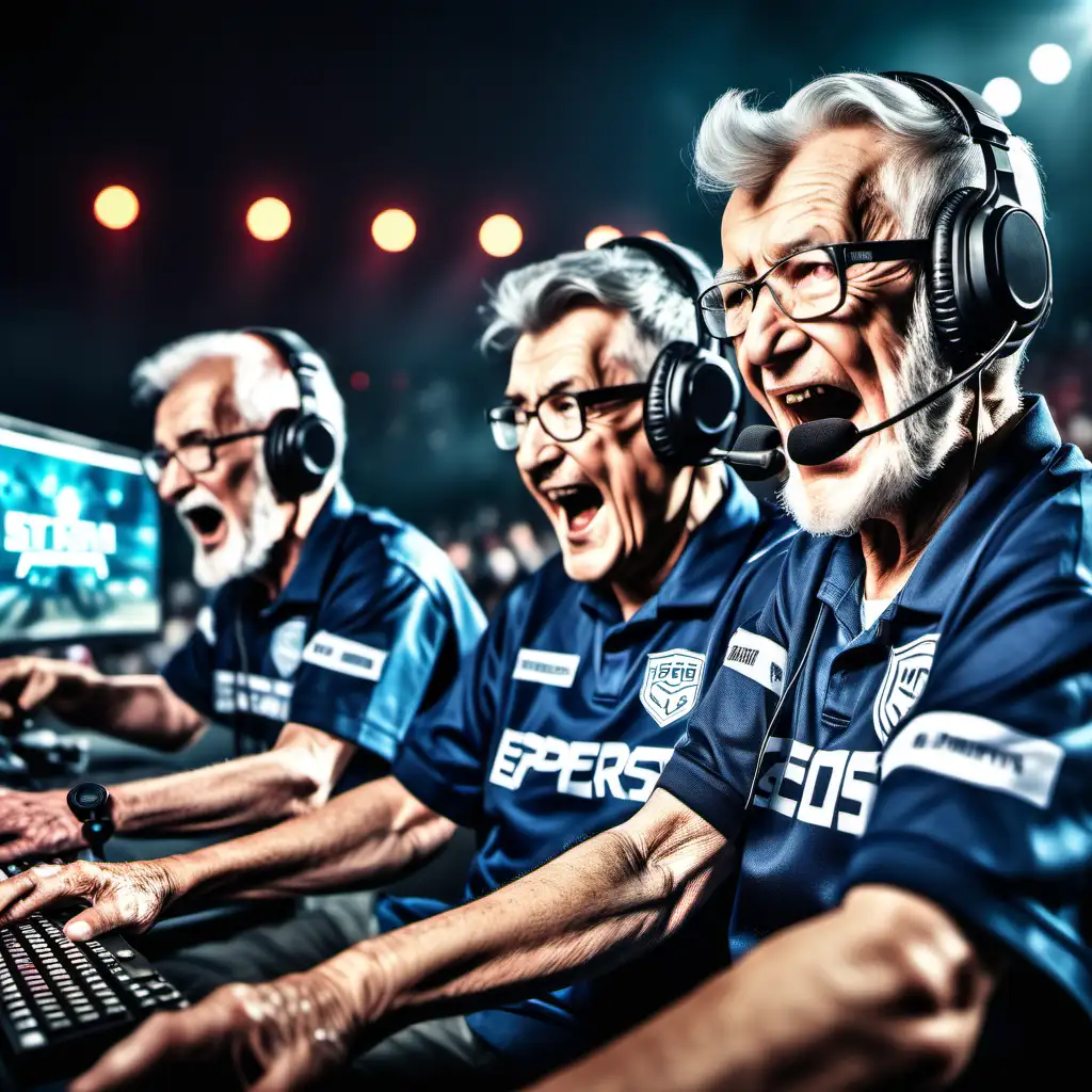 3 elderly different looking males. Playing a video game on computers,  They are on a esports stage in a stadium. Wearing headsets with microphones. All in the same uniform with their team name on there Team Video Game. They celebrate. The crowd go wild in the back ground look