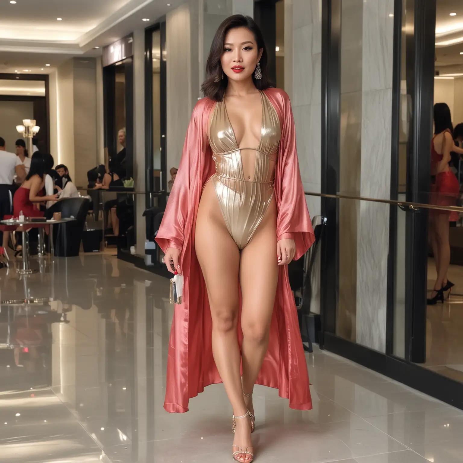 Beautiful Singaporean Mongchin Yeoh wearing a metallic bikini and a sheer silk chiffon robe, red glossy lipstick, lots of makeup and Louboutin patent leather heels in a crowded office lobby. Passers by ogle at her