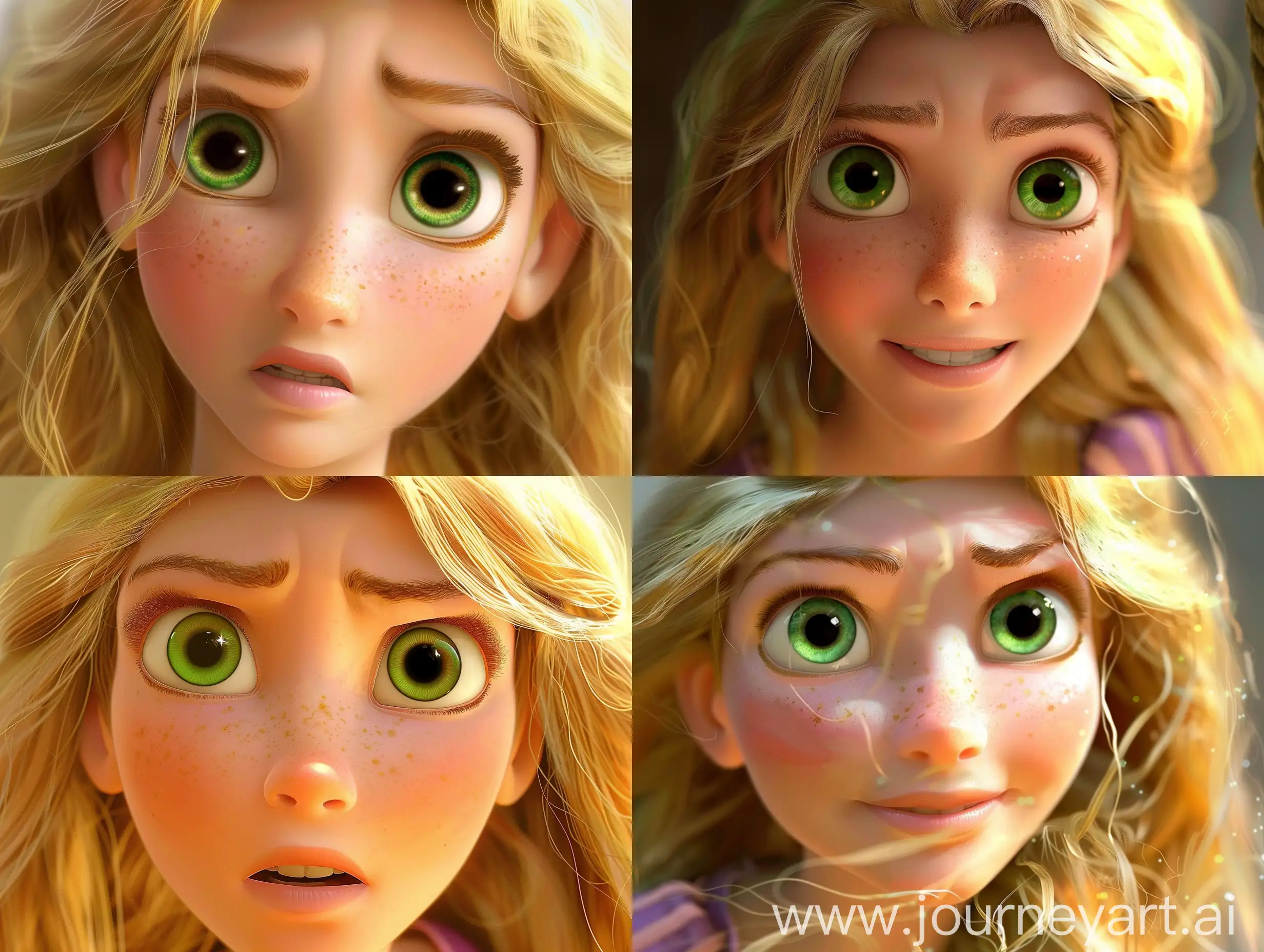 Princess rapunzel closeup portrait. Blonde hair green eyes. Gorgeous face