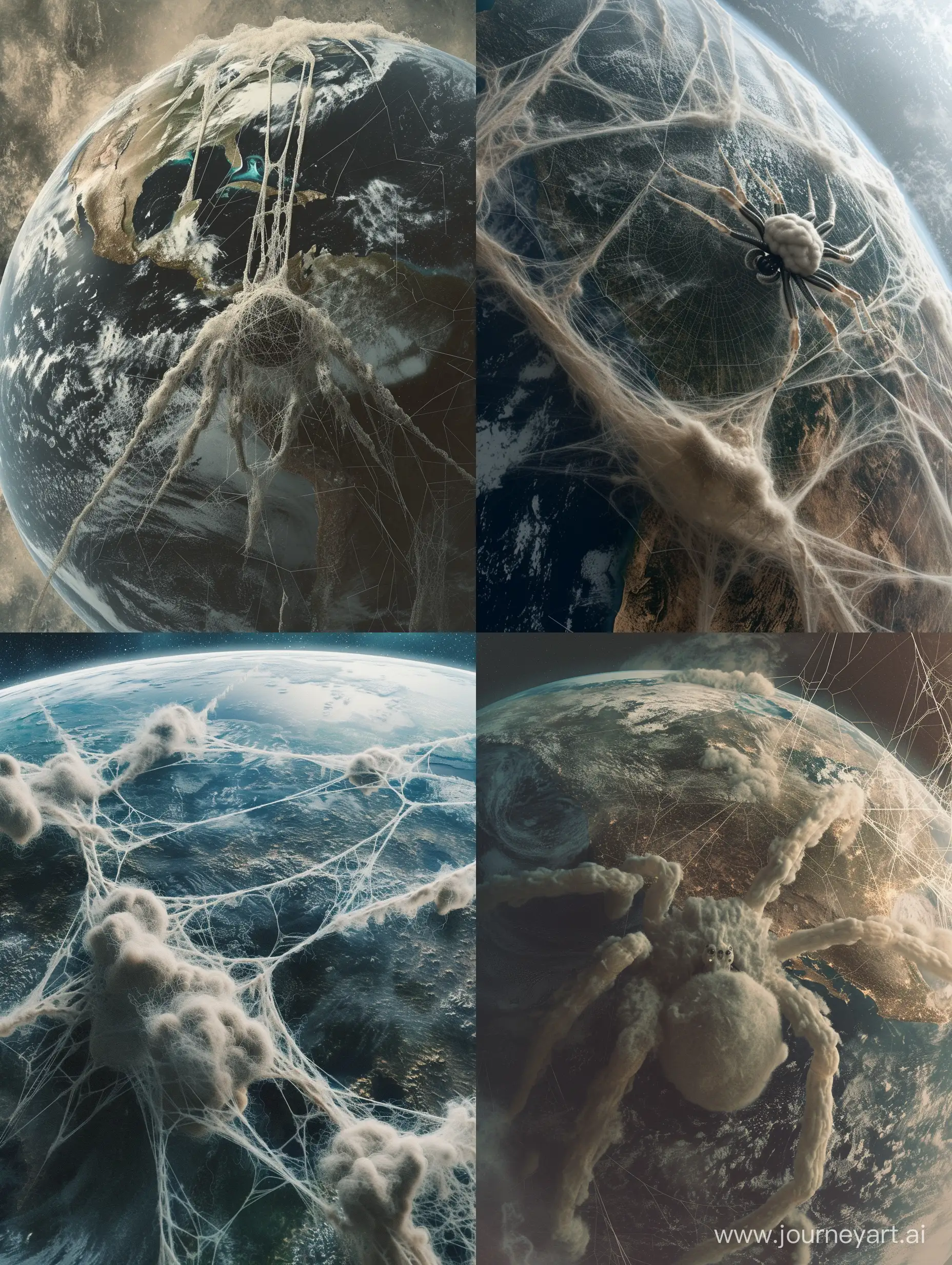 saturated photo of a satellite view from space, capturing a massive spider crawling across the entirety of planet Earth. The very far back aerial view of bird's-eye perspective satellite image offers a breathtaking view of the planet, as the spider weaves an intricate and menacing web that engulfs the Earth in its entirety. The thick cotton like strands of the spiderweb drape over the surface, with excess webbing dangling in Earth's atmosphere like ethereal tendrils. The overall scene is cloaked in a creepy, sinister, dystopian atmosphere, evoking a sense of abandonment and desolation. The color grading intensifies the eerie mood, with deep shadows and muted tones, further emphasizing the feeling that Earth has been forsaken. This captivating image serves as a haunting reminder of the spider's overpowering presence and the absence of humanity