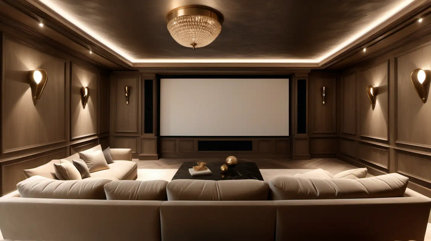 hyperrealistic modern Parisian grand organic home theatre room with walnut wood, beige limewash walls, brass lighting,