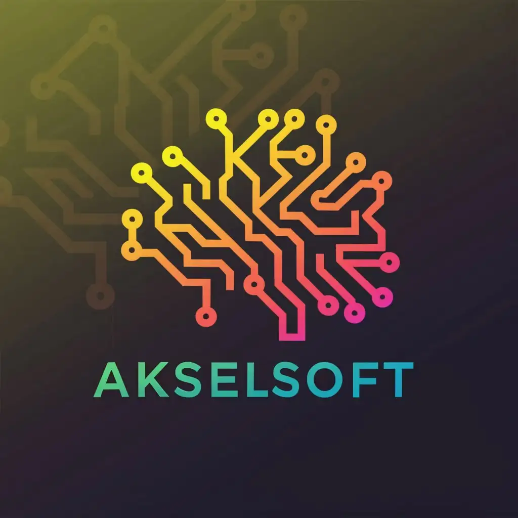 a logo design,with the text "AkselSoft", main symbol:innovative ai design and circuits in cloud or brain shpe in orange and green color,complex,be used in Technology industry,clear background