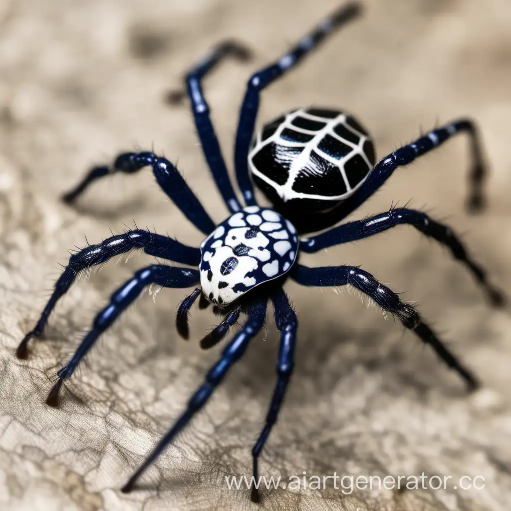 Темно-синий паук с белыми бликами и рисунком на брюшке