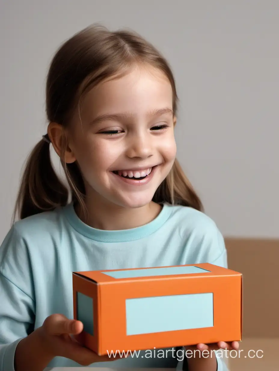 smiling girl looks at the little flat rectangle box 

