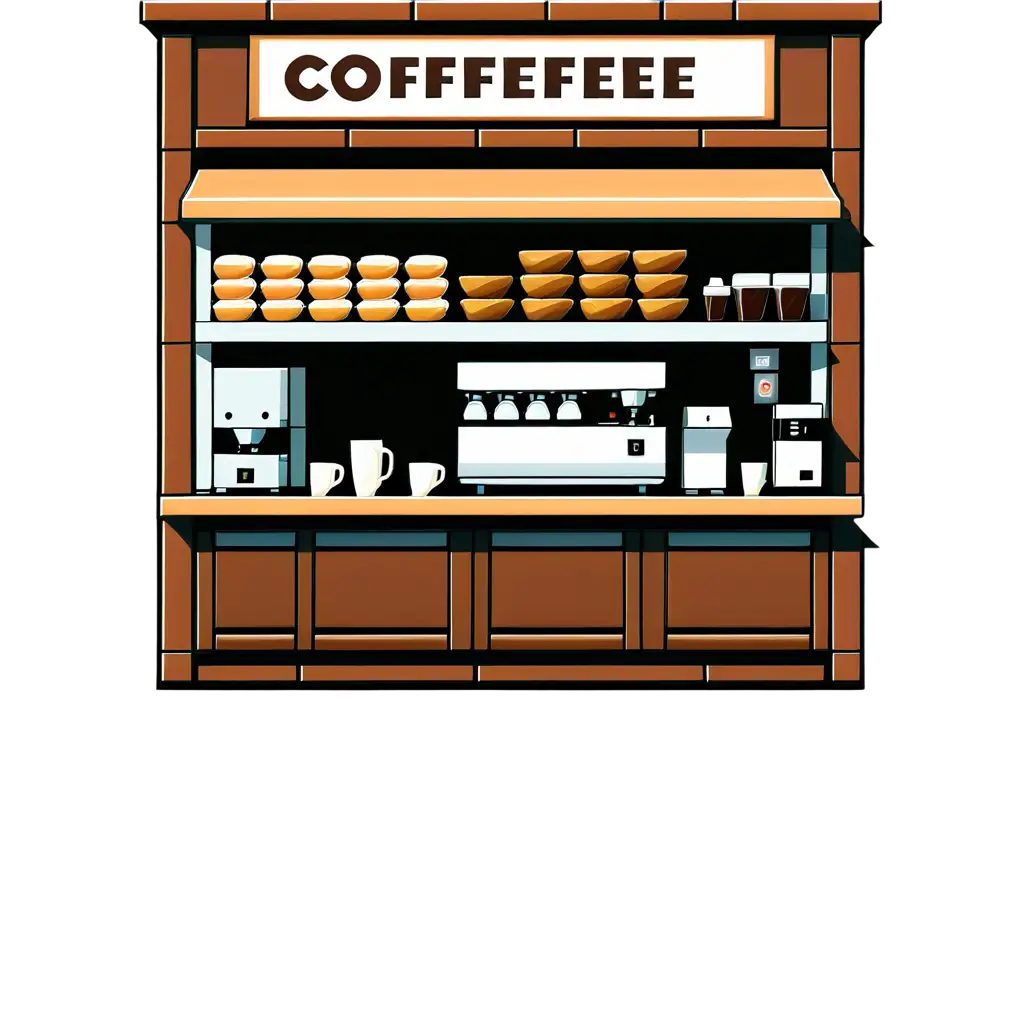 A overview of inside a coffee, with a pastry case, coffee brewers,  2 large mastrena espresso machines,and a functioning drive tru window, menu boards on the wall.   all in a 8-bit Pixel. Pixel art texture. Full screen pixilated art style