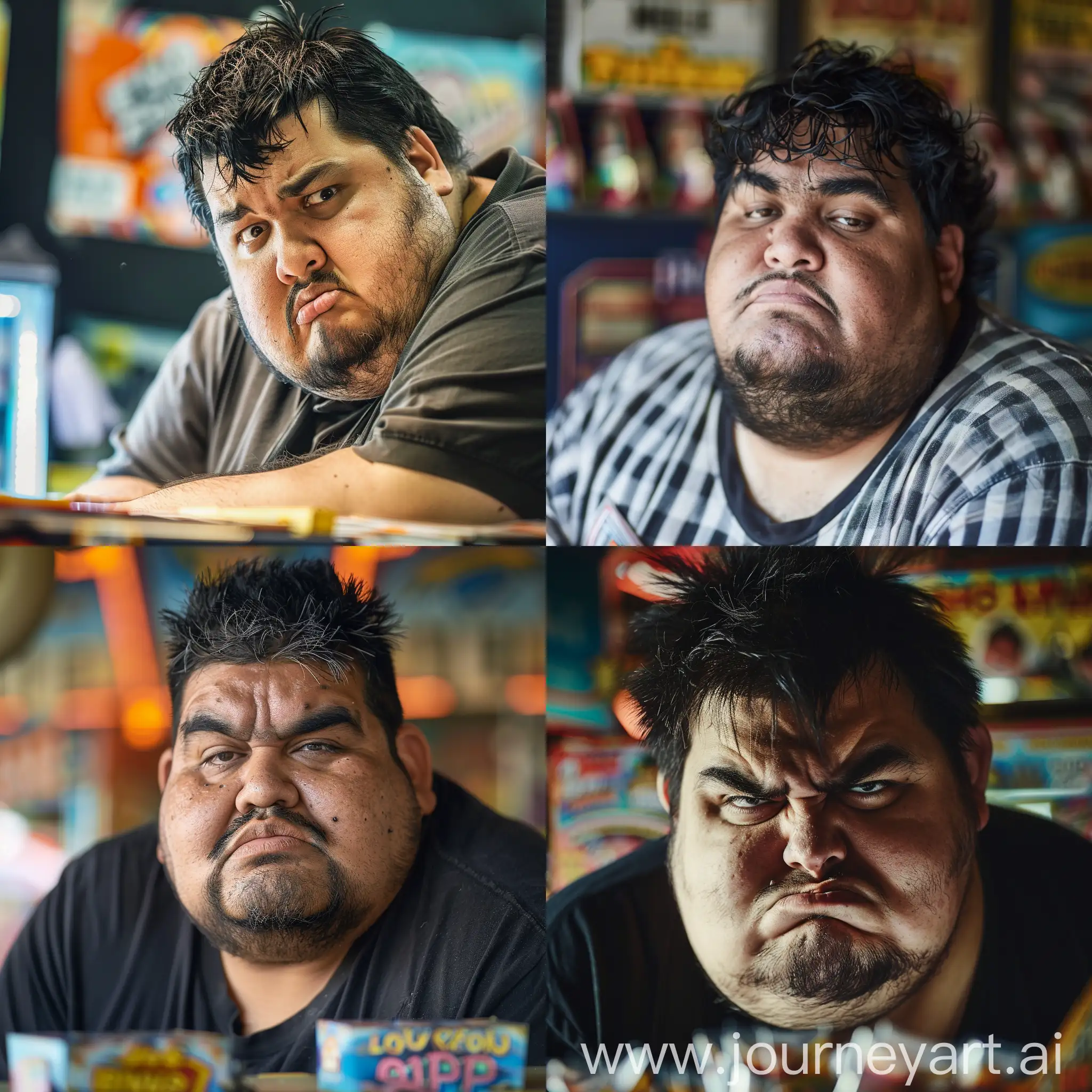 morbidly obese male with black hair and facial stubble mean stare squinting eyes at camera eyes almost closed working at ticket arcade at prizes desk