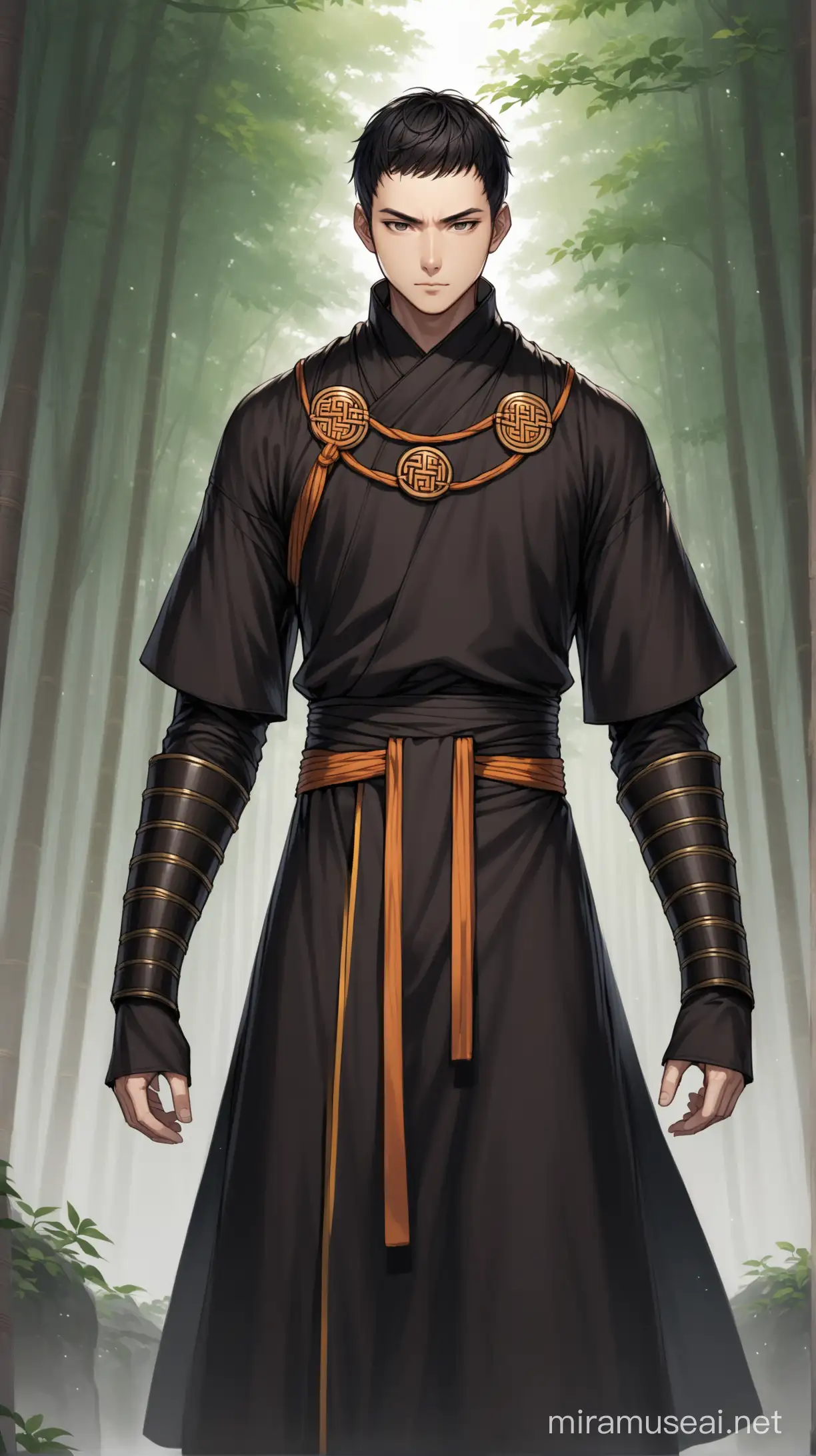 A human male with short dark hair wearing black warrior monk robes