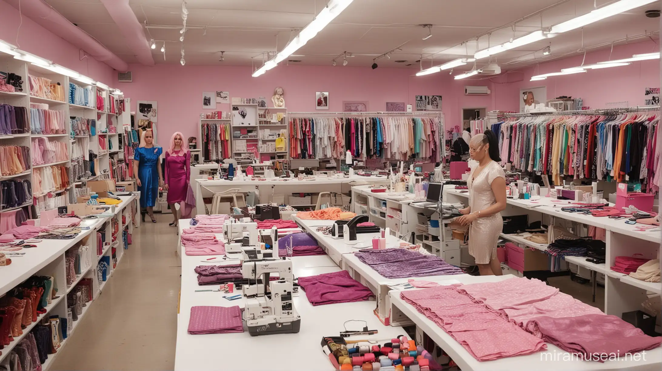 sewing workshop for people who perform drag inside a fabric store, in which they have tables to work individually, they can grab any material from fabrics, shoes, wigs, makeup, etc., ask for help, which looks like the werk room from RuPaul's Drag Race