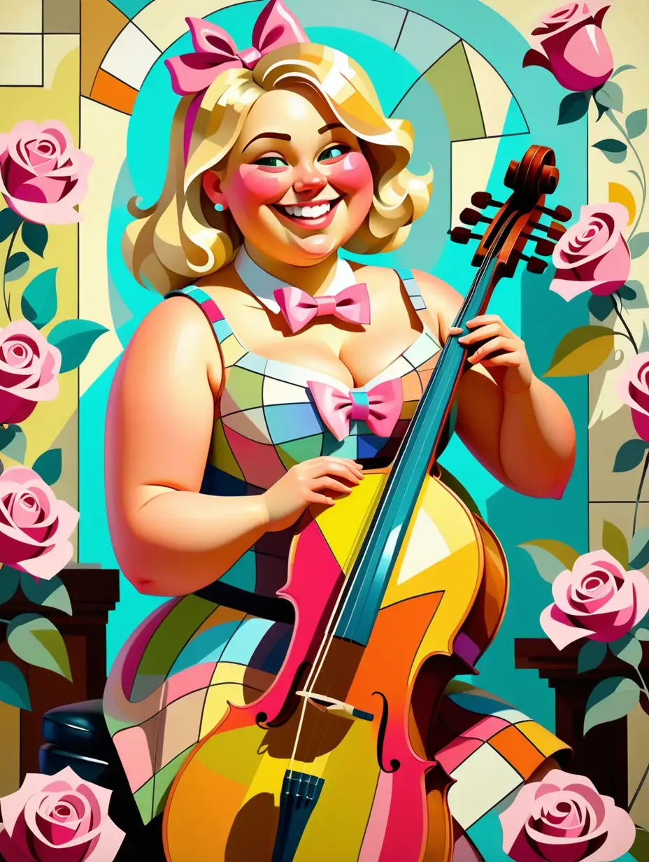 A cubist style beautiful colorful painting of a funny fat young woman with blond hair with a pink bowtie playing a cello and smiling sitting next to roses 
