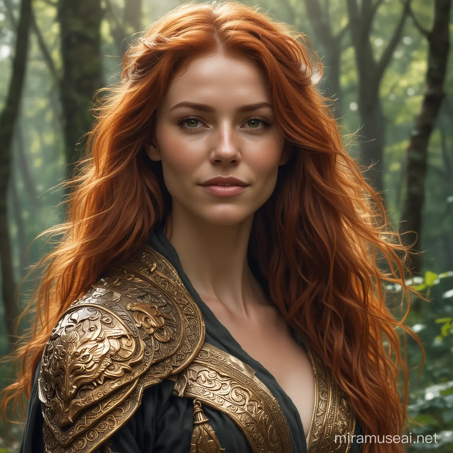 Create a beautiful, ultra-realistic image of a gorgeous redhead with long and beautiful hair, dressed as a warrior, with clothes with old gold accents. She's half lion and half woman, like in a kingdom of magic. His gaze is penetrating and enigmatic. She's in a forest. Show off the richness of detail in 8k. She has the robes like a warrior, from head to toe. She smiles, mockingly, head held high, bravely.