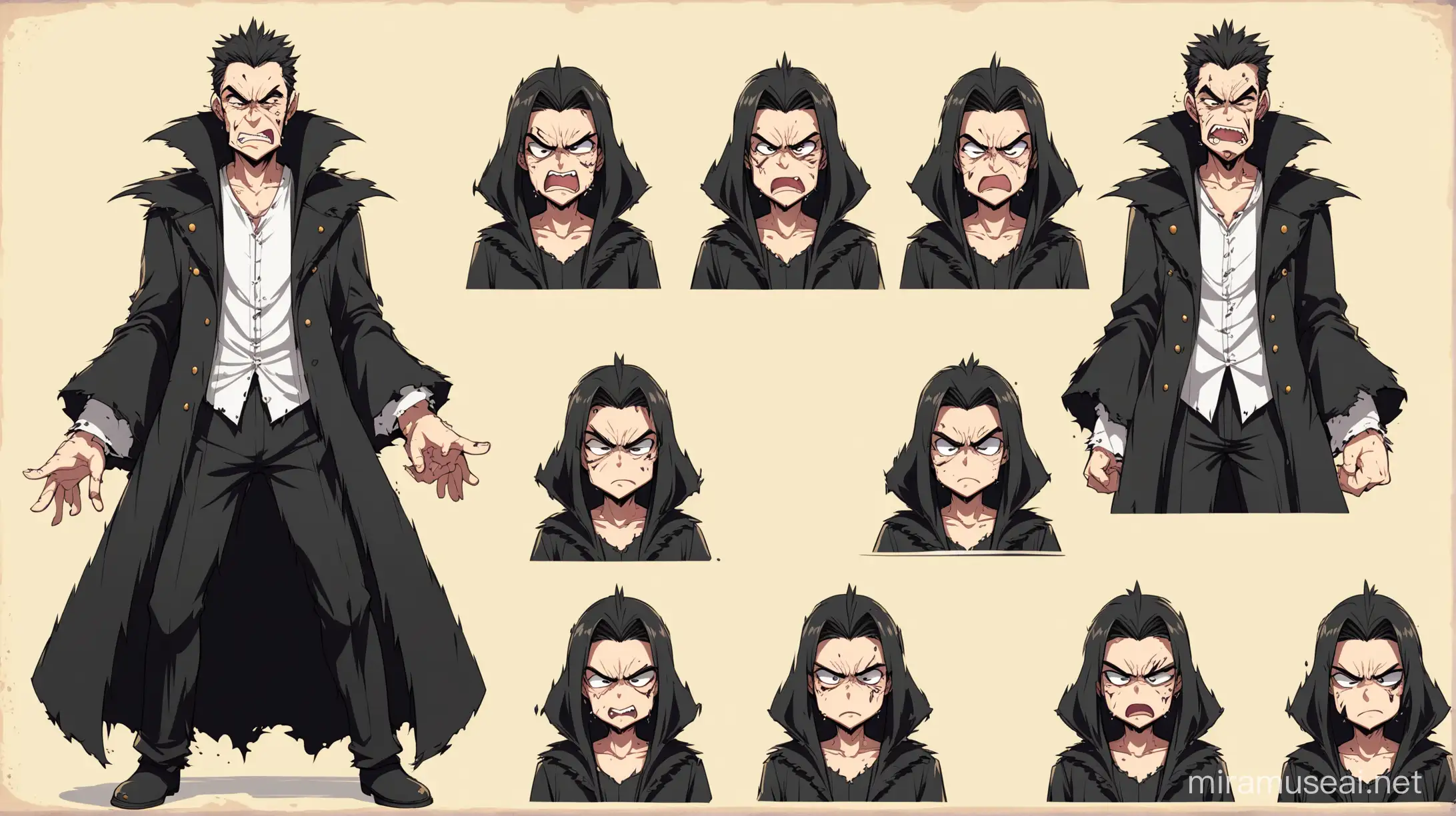vector character sheet of anime shabby villain in 2D, medium shot, multiple expression including happy angry sad expression