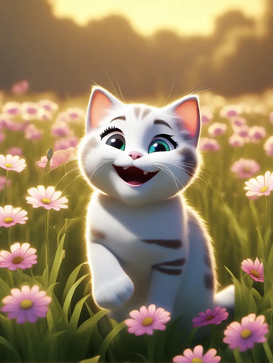 a happy cat just finished playing, in the style of cartoon realism, disney animation, hyper-realistic portraits, 32k uhd, cute cartoonish designs, wallpaper, luminous brushwork, flower field background --ar 2:1 