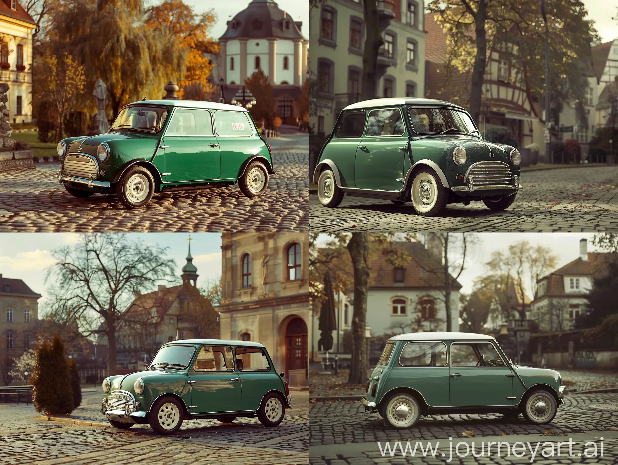 Charming-Vintage-Mini-Morris-Electric-Car-on-Cobblestone-Street