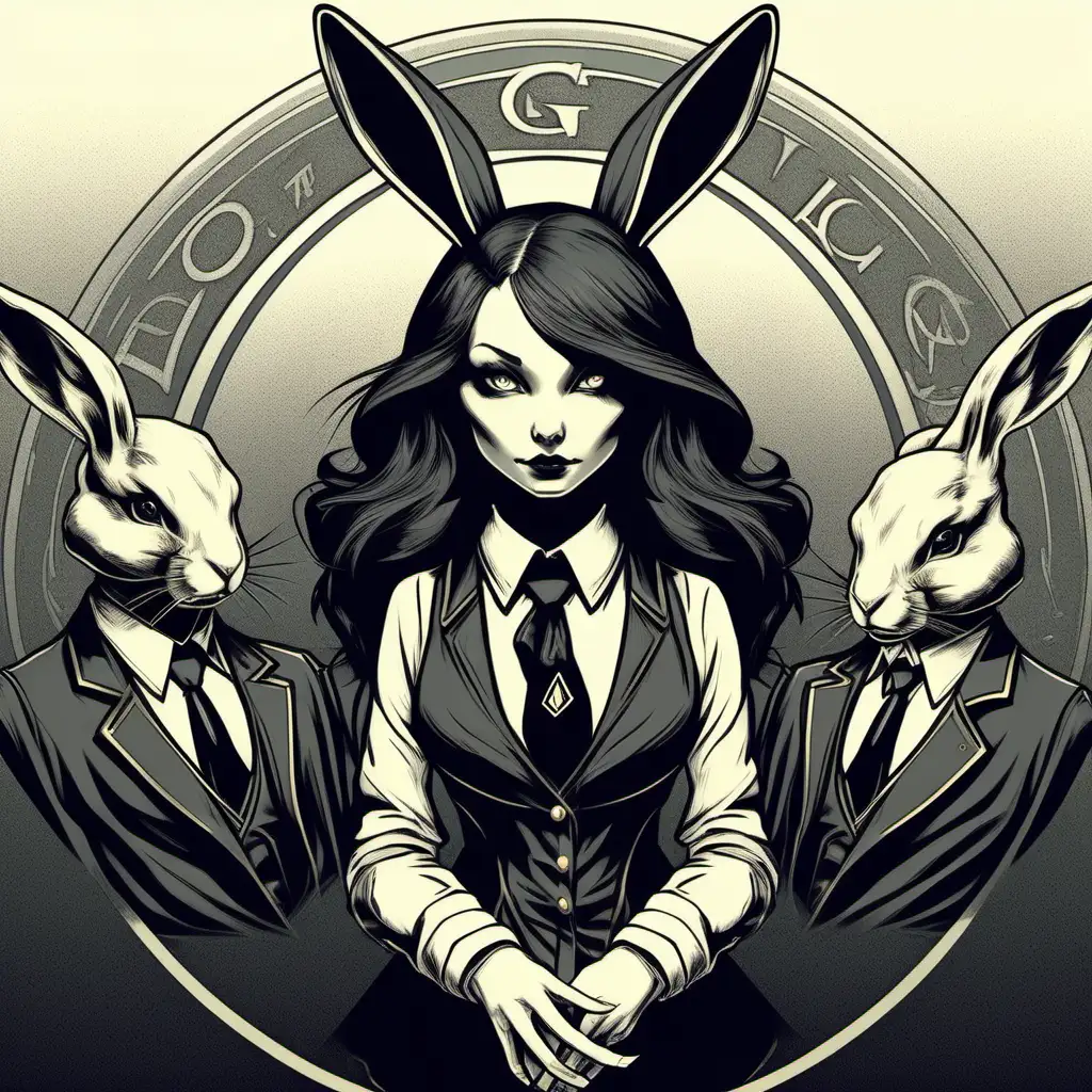 Human Rabbit Girl illuminati leader  in noir style


