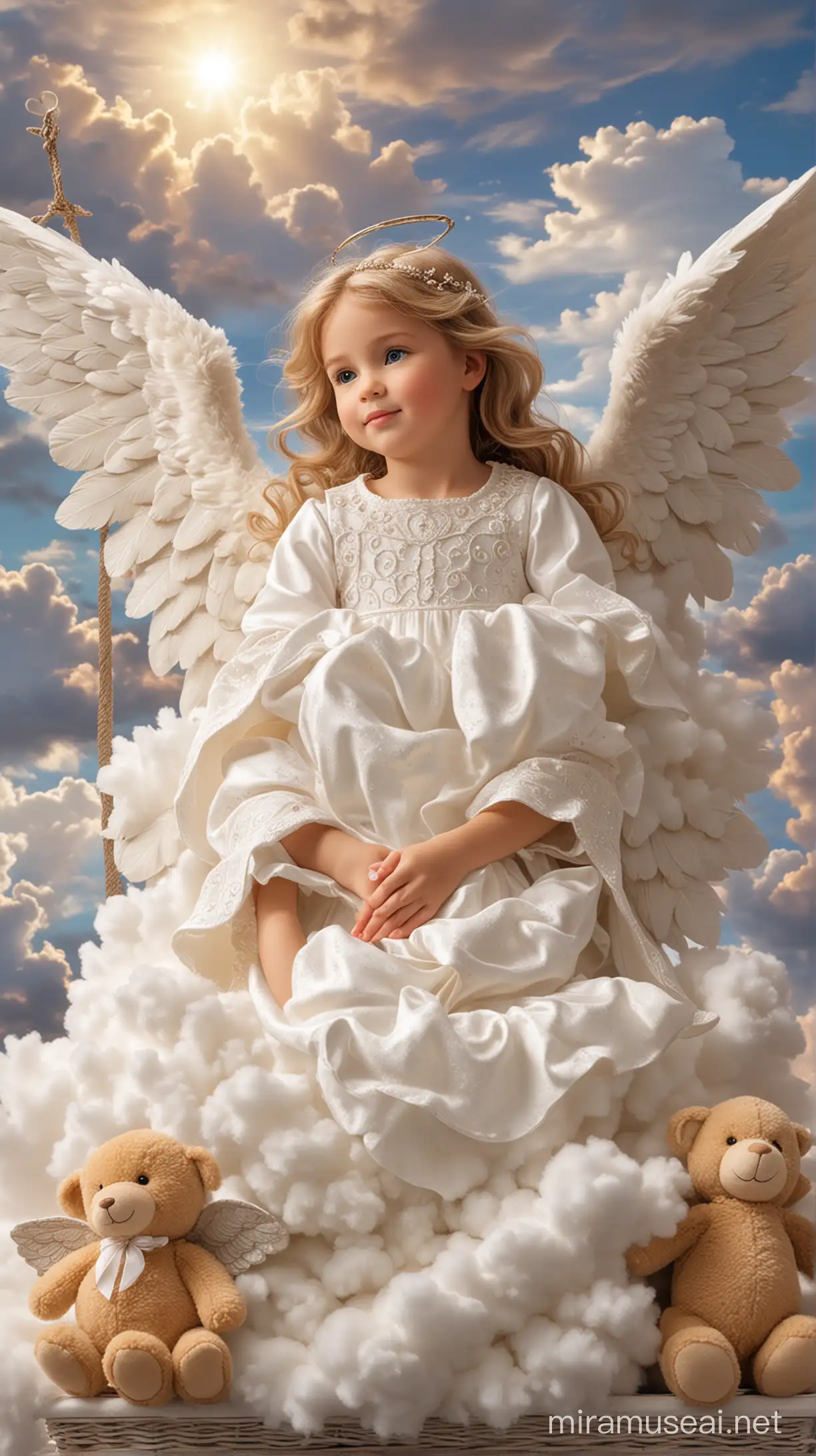 bel ange Un bel ange  lumineux pleine grandeur, veillant sur une peite fille dans son berceau ,sur des nuages brillants et de peluches près du berceau