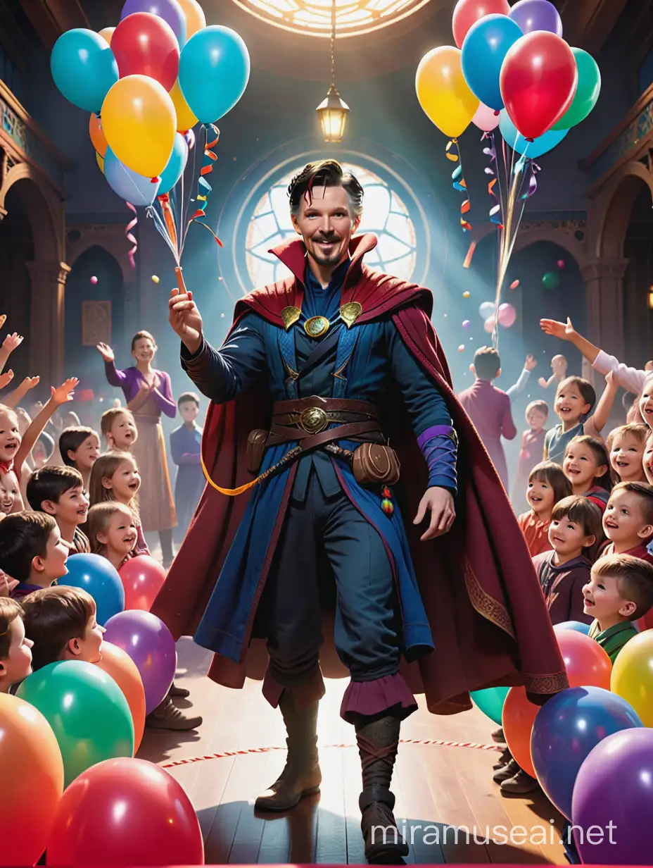 The illustration depicts Doctor Strange dressed in a bright and whimsical clown costume, complete with a large clown hat and a red nose. Despite wearing an unusual outfit for him, Doctor Strange's eyes still radiate with magic and enchantment.

He stands in the center of a stage adorned with balloons and cheerful birthday decorations. Doctor Strange holds his magic wand in one hand and a magic bag in the other, while smiling widely at the children seated in rows in front of the stage.

The children appear joyful and enthusiastic, some laughing and cheering at the sight of Doctor Strange in the silly clown attire. Several balloons float in the air, adding to the lively atmosphere of the room.

Doctor Strange is performing amazing magic tricks, perhaps pulling an imaginary rabbit out of his clown hat or transforming balloons into various cute animal shapes. Glittering lights emanate from his magic wand, adding a touch of magic to this delightful performance.

In the corner of the room, the children's parents smile widely, enjoying this precious moment with their children. They know that their children's birthday party will be unforgettable thanks to Doctor Strange's presence, even in a clown costume.

The illustration captures the magical moment where Doctor Strange, in a whimsical clown costume, entertains and mesmerizes the children with his enchanting magic tricks at this joyous birthday party.