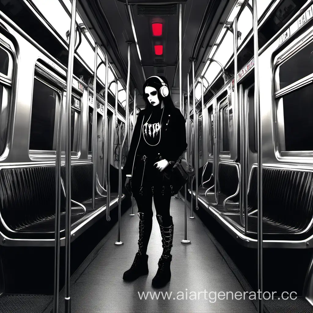 Гот стоит в пустом вагоне метро, на нем наушники, голова наклонена