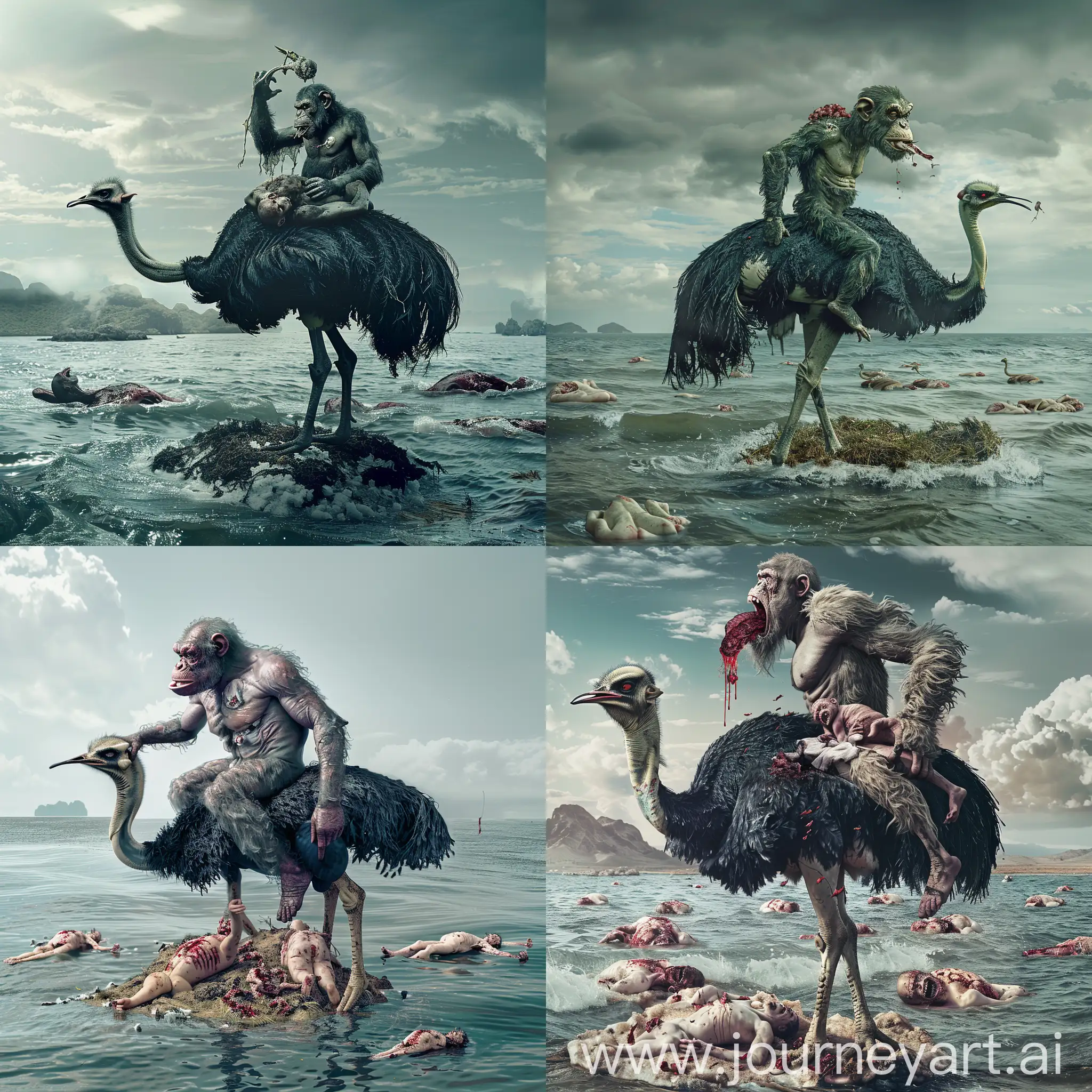 a half man half ape ride an ostrich,on an island in the sea,eating a human body,dead corps float on the sea,wide shot,realistic phtography,4k