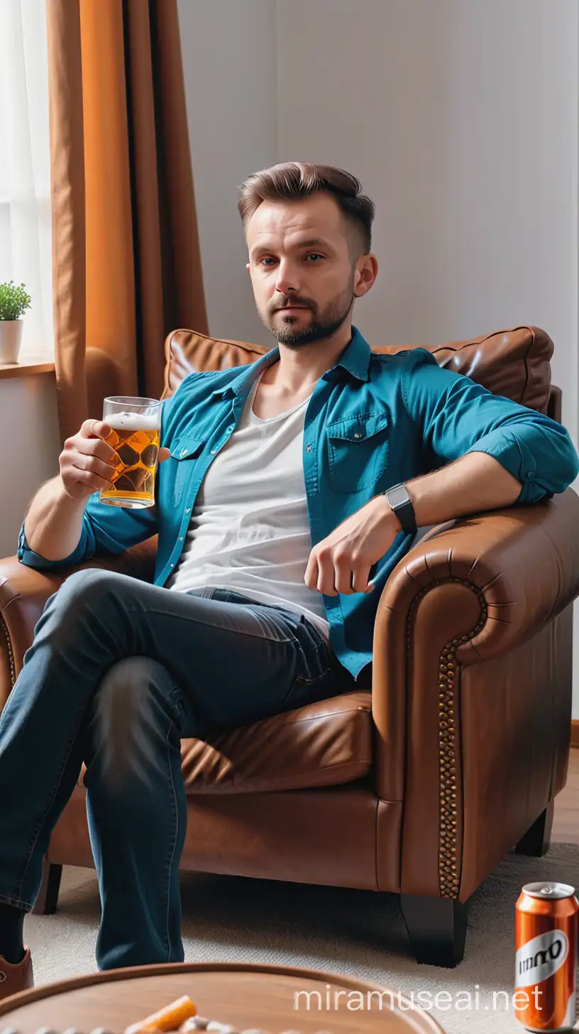 hombre sentado en un sillón, tiene una lata de cerveza en la mano y  está mirando televisión. l