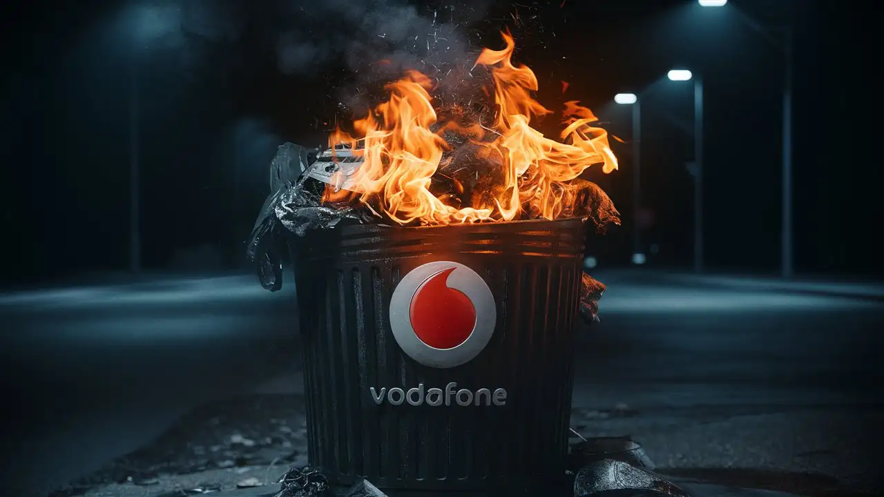 a burning trashcan with the vodafone logo