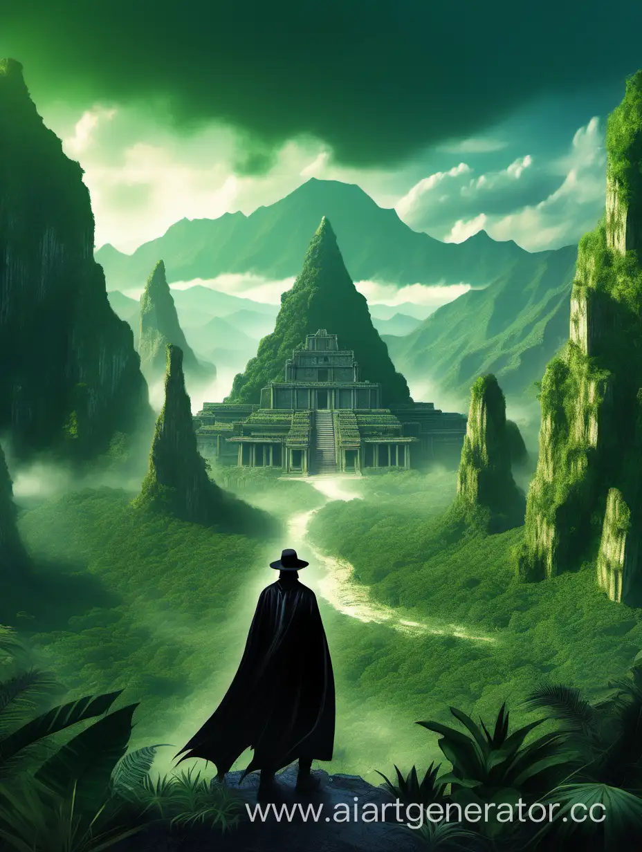 In the foreground, a traveler in a black cloak and black hat, surrounded by jungle, with a canyon ahead, and behind him, a massive green mountain, in the mountain stands an ancient abandoned temple