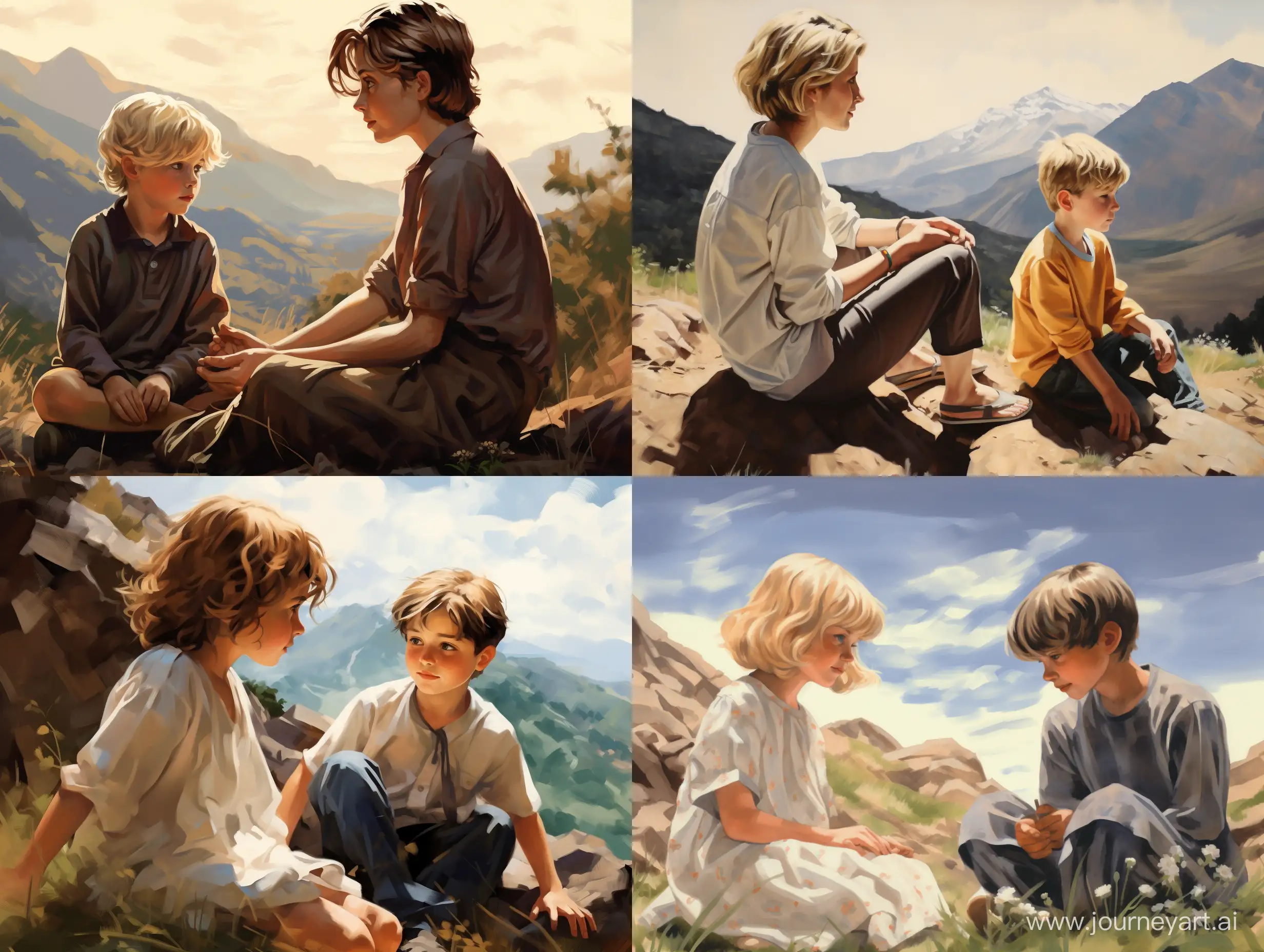 Девушка с блондинистыми волосами сидит на склоне горы , рядом с ней сидит мальчик маленький с темными волосами