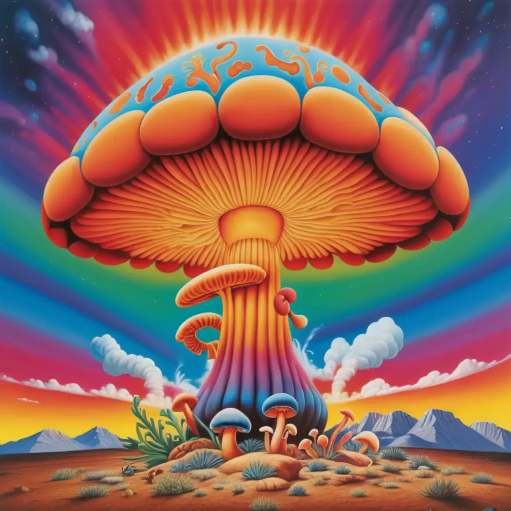 a colorful mushroom cloud with kokoppeli under it