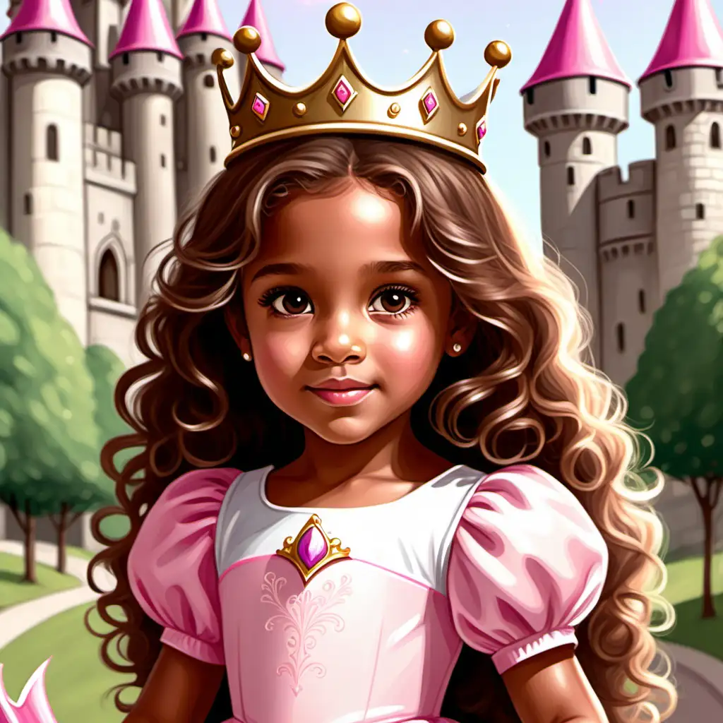 Flat art, children's book, cute, 5 year old girl, tan skin, light hazel eyes, long tight curl brown hair, neutral expression, beautiful, pink and white dress, princess clothing with large crown, castle 