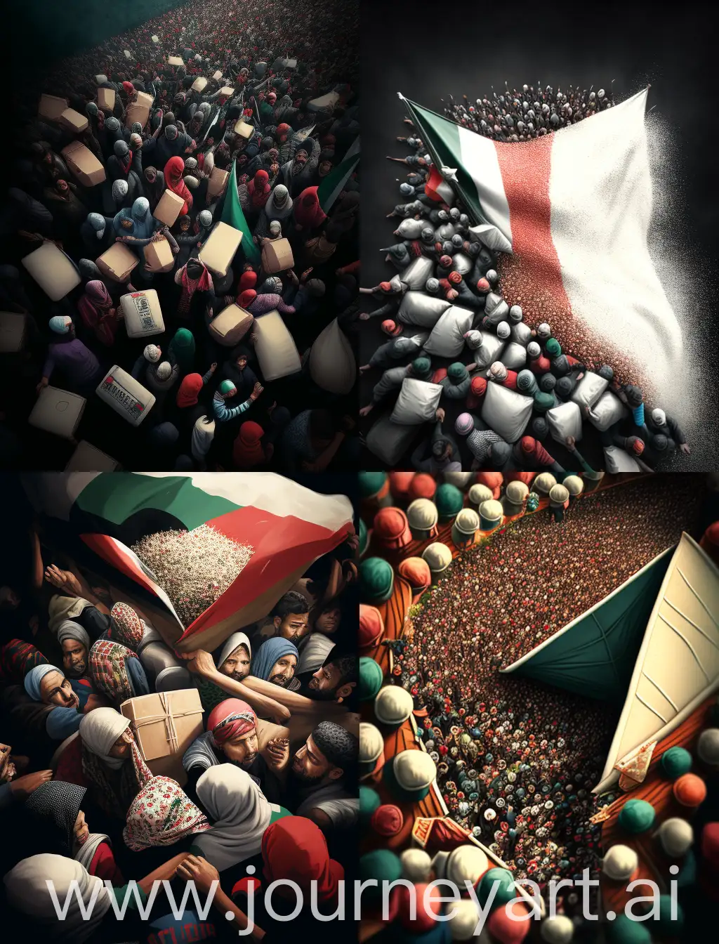 illustration of thousands of hungry Palestinians fighting for food aid. clear image, 3d, high resolution.
