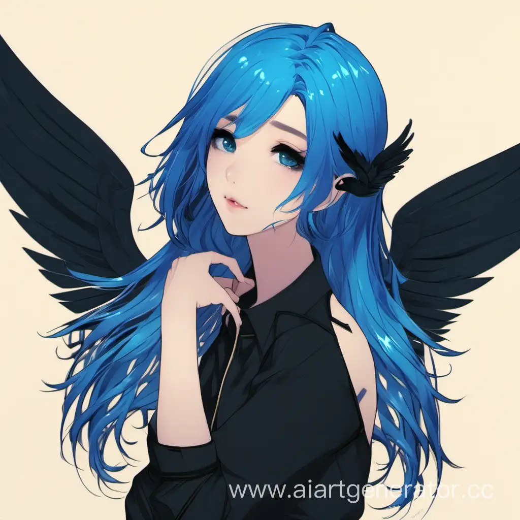 Синие волосы, чёрная одежда, чёрные крылья