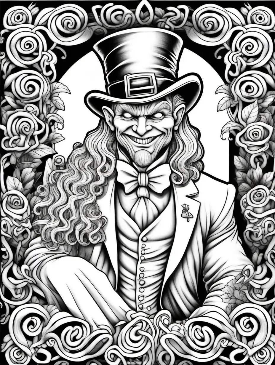 coloring book page, pure black and white, no accents, evil leprechaun, coloring book book page with no shading, for adults, with his evil bride, line art, black and white, no shading, no greyscale, plenty of negative space to color, a lot of white, 