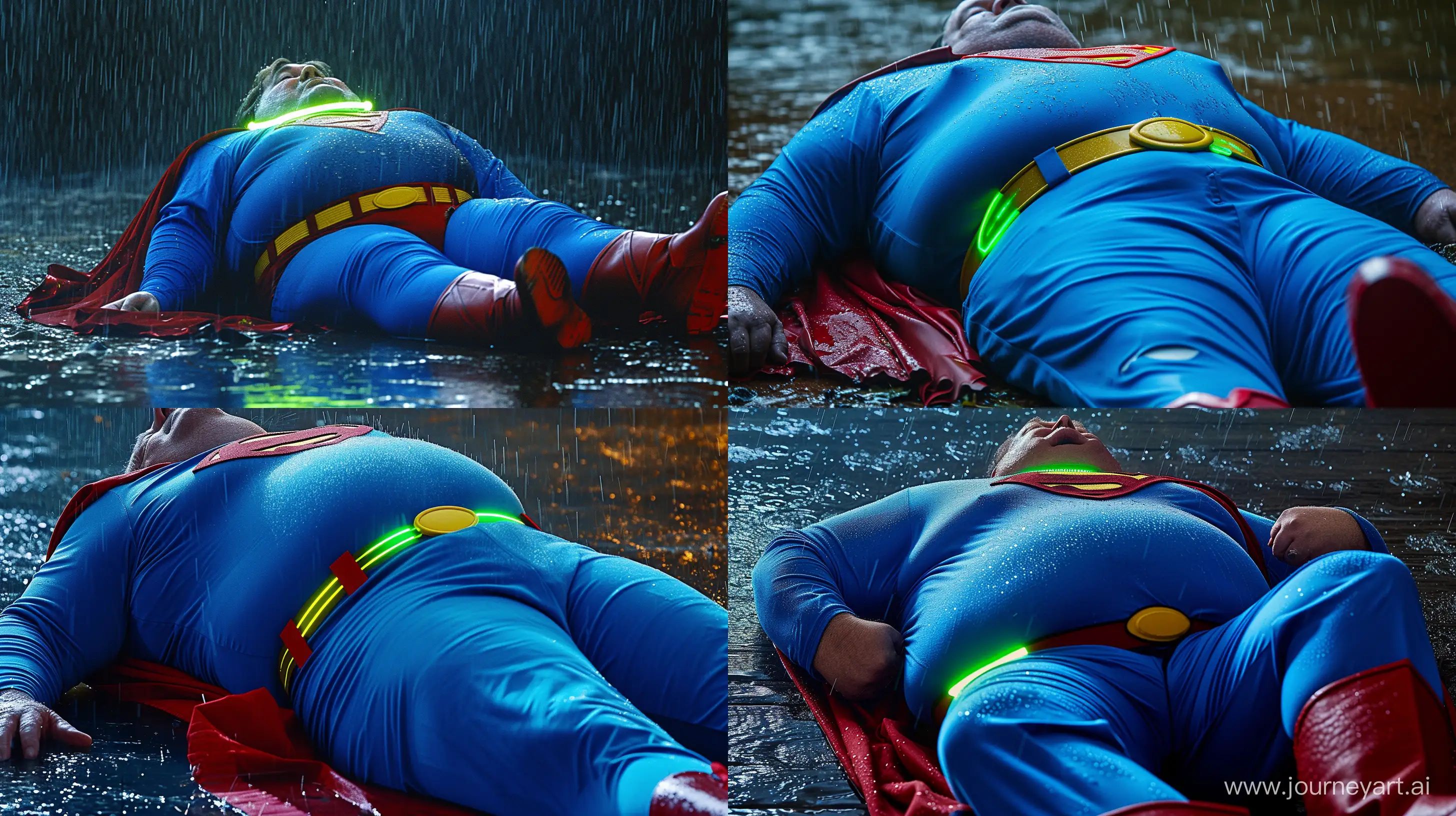 Elderly-Superman-Enjoys-Rainy-Day-in-Glowing-Neon-Collar-Costume