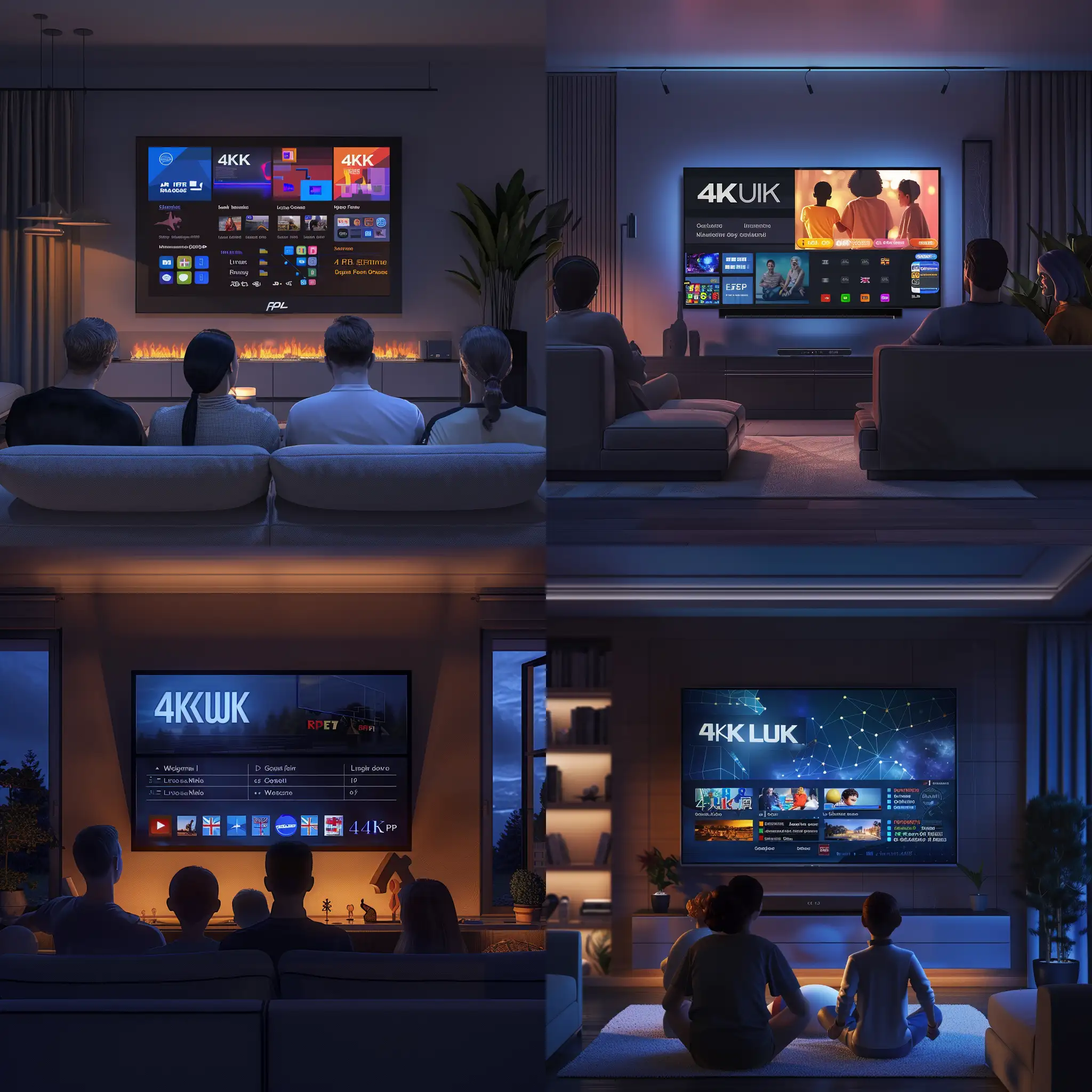 captures a tranquil family scene inside a modern living room at night, where the main source of illumination emanates from a large, vivid television screen mounted on the wall.  On the television, a user-friendly interface branded '4KUK' showcases a selection of multimedia content. There are options for IPTV, with clear, brightly colored tiles for different programs and features such as sports, movies, and live events. the  television layer must be super realistic. Must have realistic well know iptv player