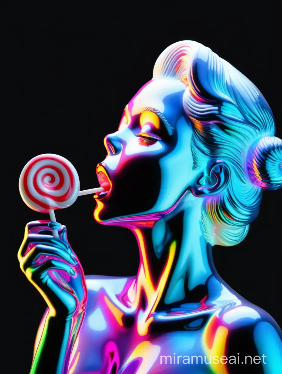 Produce a white shiny iridescent neon colored porcelain figure of a beautiful curvy feminine woman
Strong expression dynamic
Licking a lollipop 
portrait
Black background